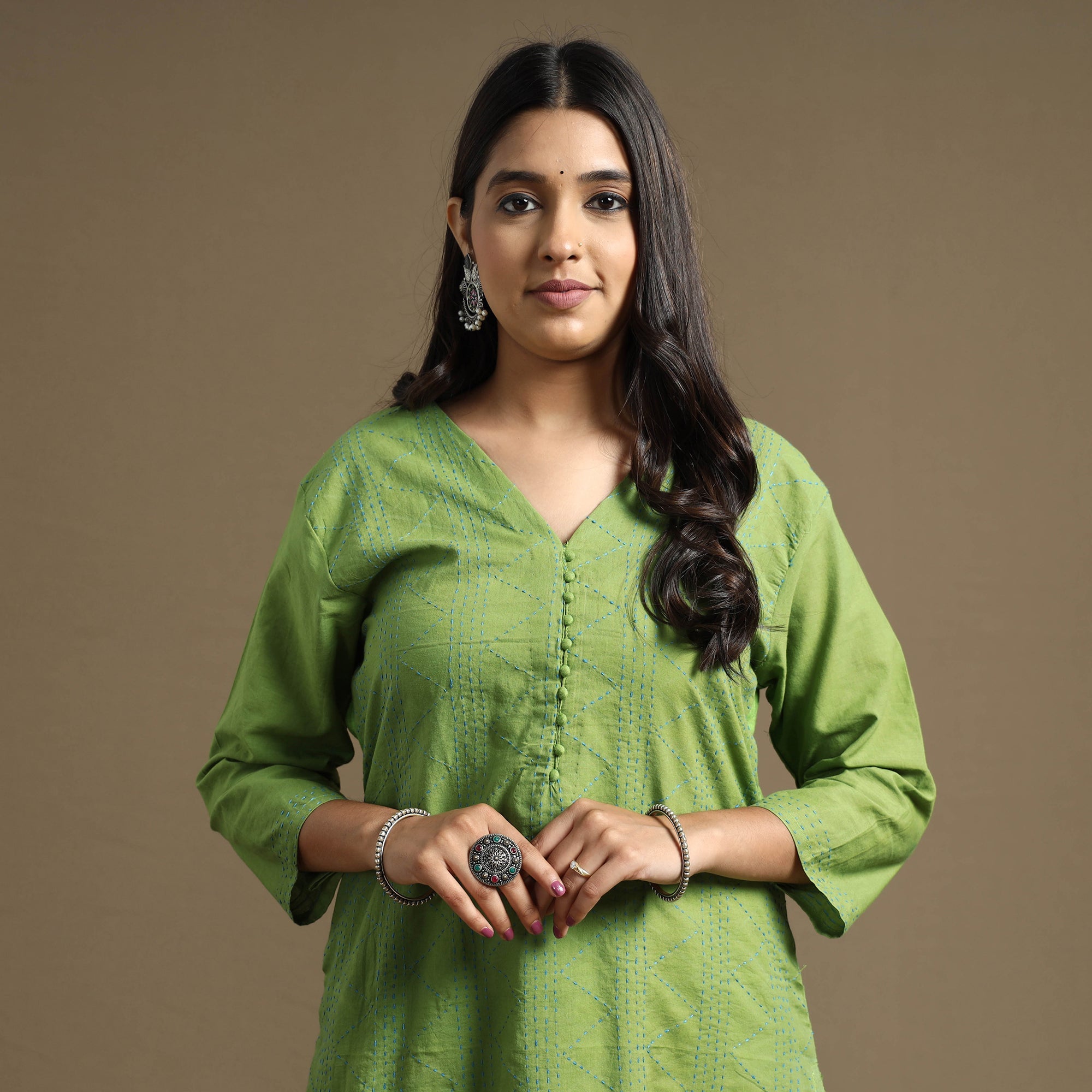 ITOKRI CASUALS Apple Green Plain Cotton Tagai Work Long Kurta
