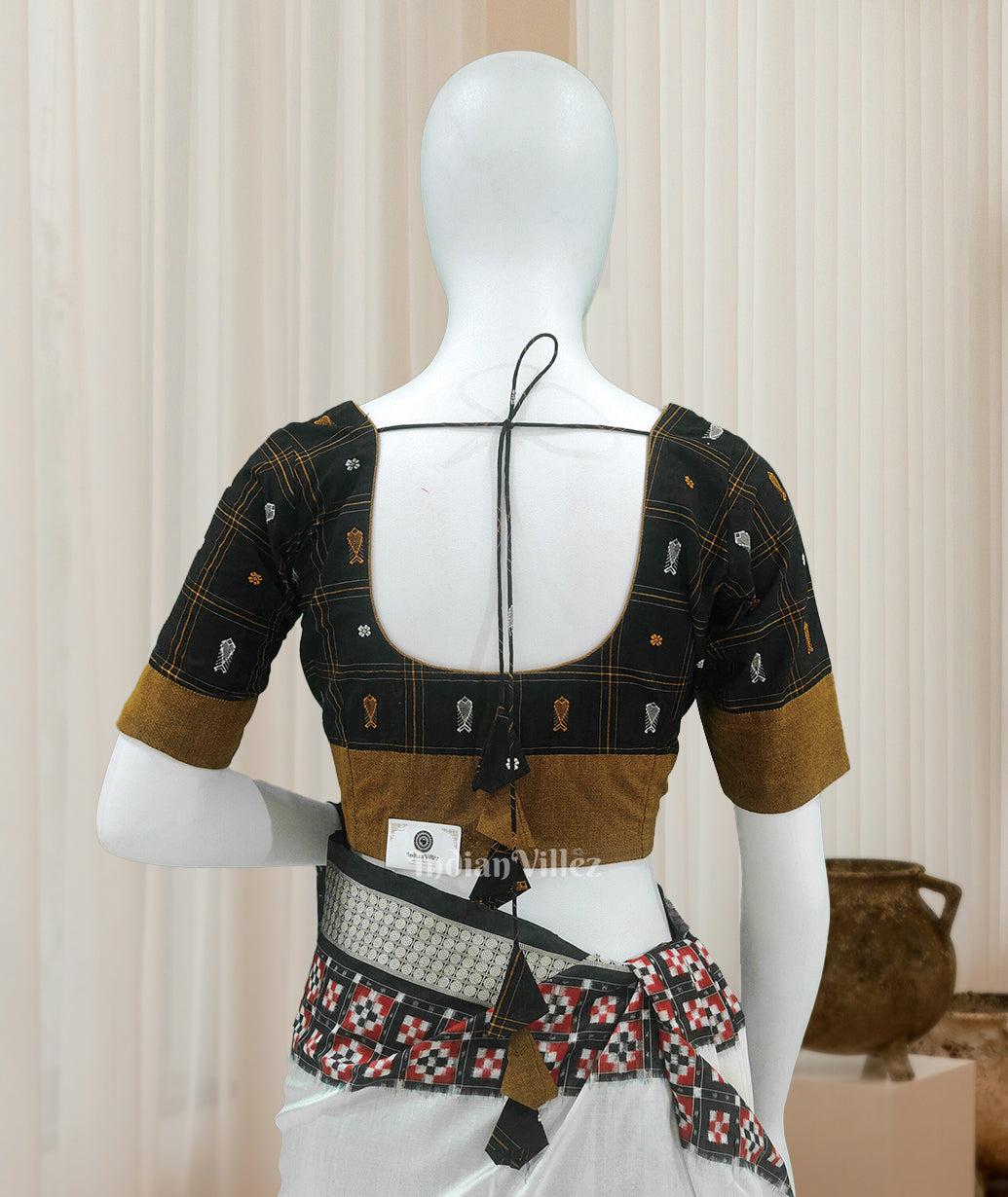 IndianVillèz Black Mustard Yellow Fish Motif Bomkai Cotton Blouse - view 2