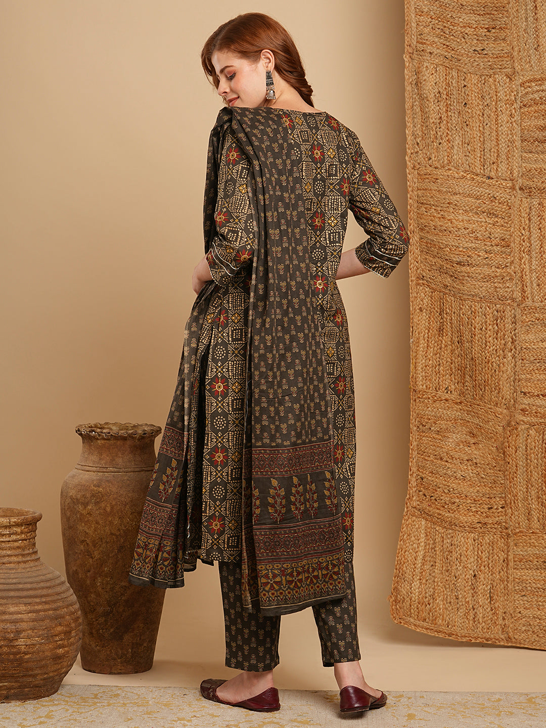 Fashor Ethnic Printed & Embroidered Kurta with Pant & Pure Cotton Dupatta - Grey - view 6