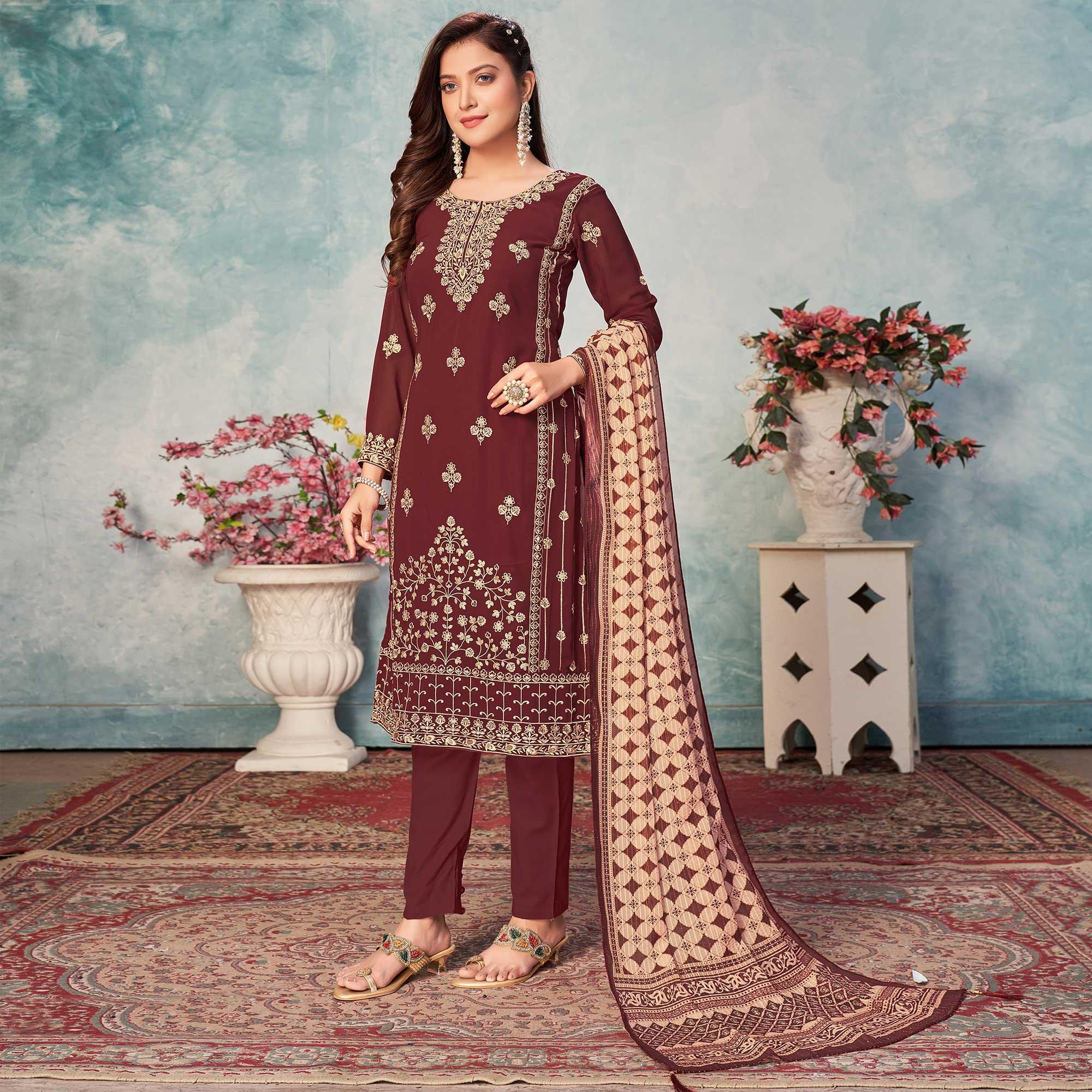 Peachmode Brown Partywear Embroidered Faux Georgette Salwar Suit - view 2