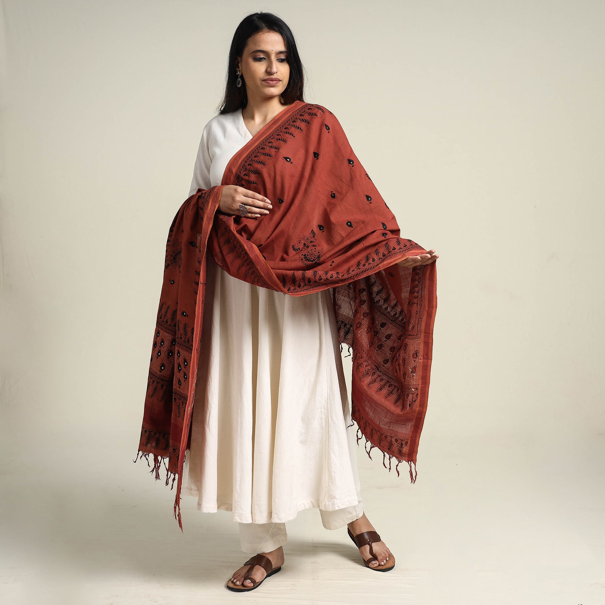 KHUSHBASH - HAPPY LOOM OF EAST Brown - Bengal Kantha Embroidered Cotton Handloom Dupatta - view 2