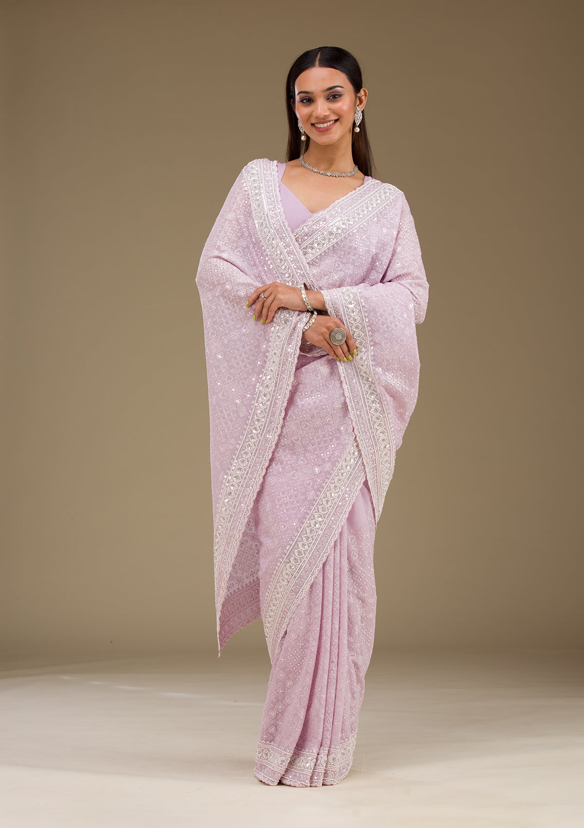 Koskii Lavender Sequins Georgette Saree – Women's