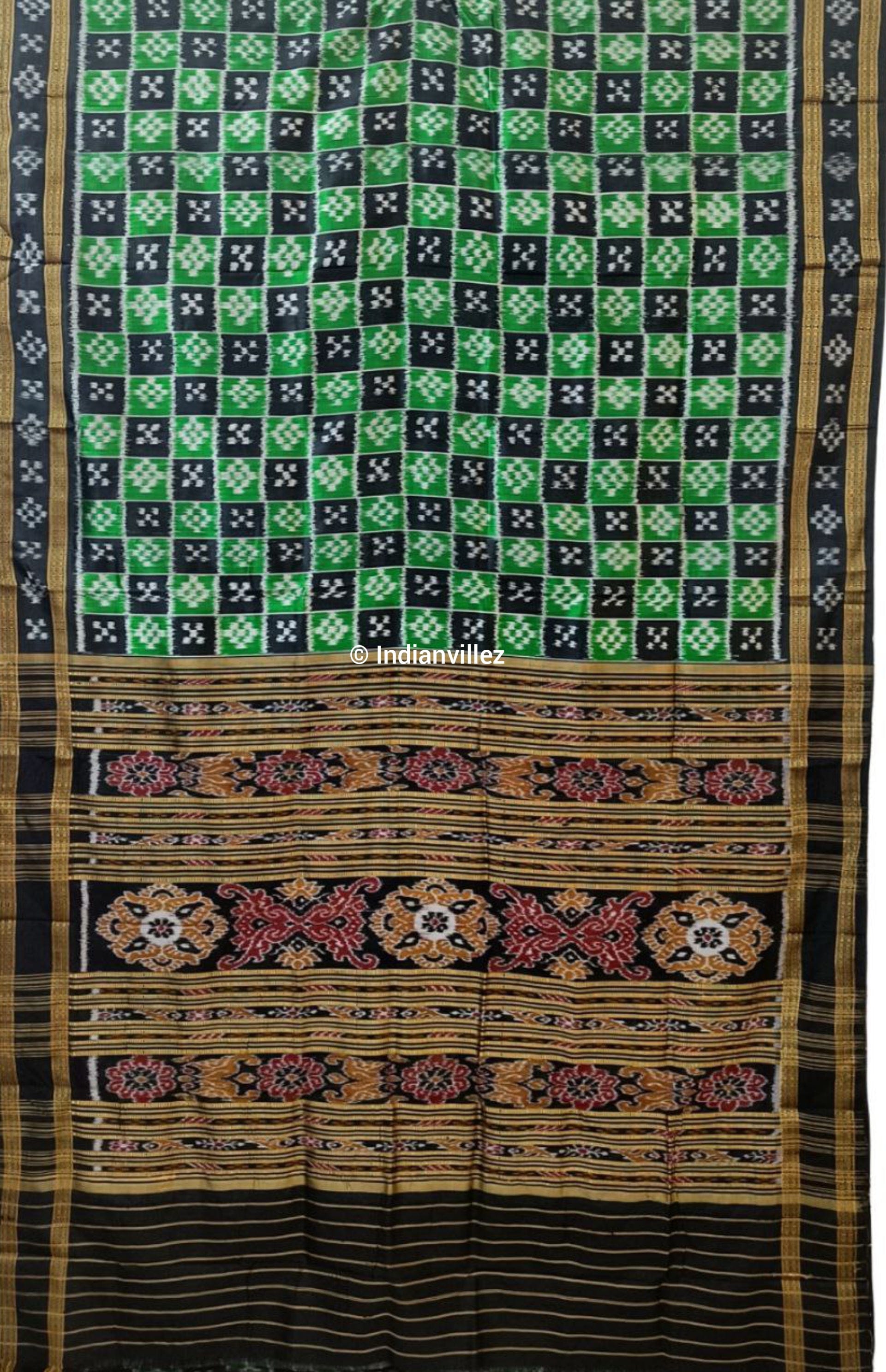 IndianVillèz Green Black Body Pasapali Odisha Handloom Khandua Silk Saree