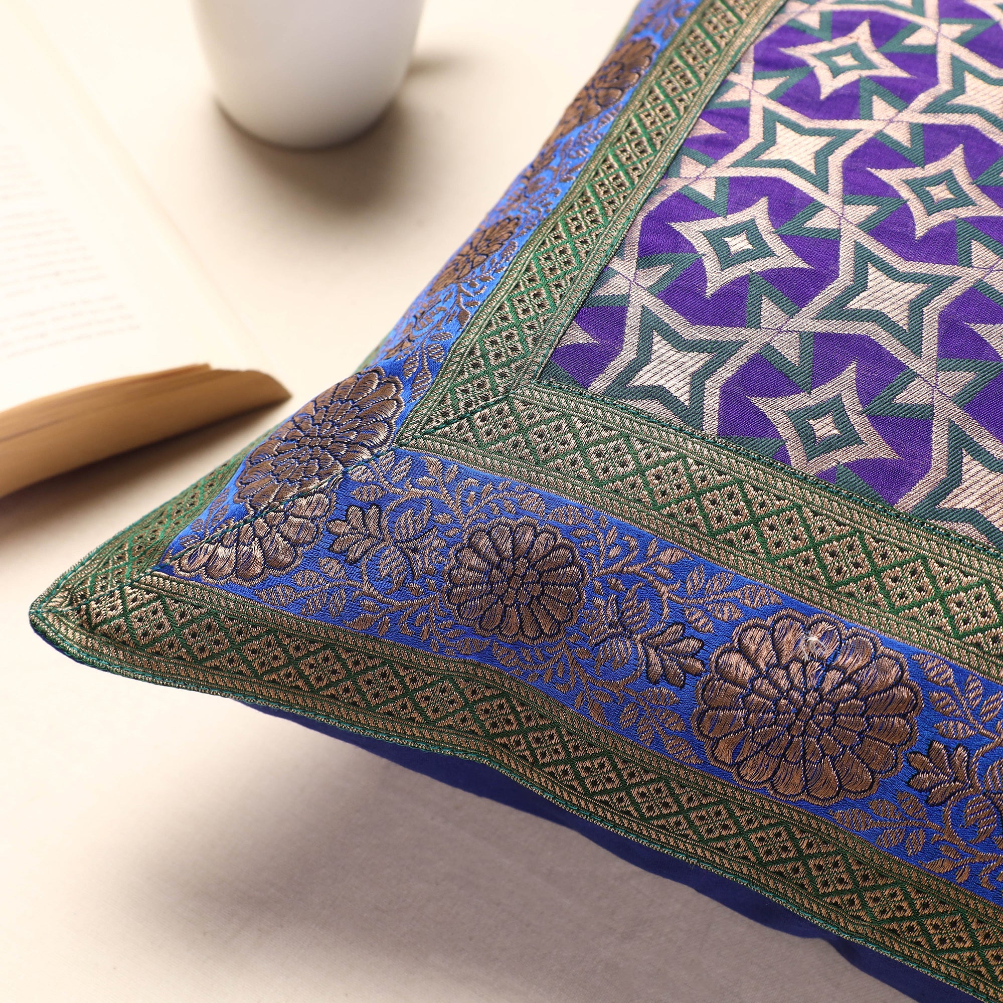 BANARASI BY MAQBUL HASAN Blue - Banarasi Handwoven Silk Zari Cushion Cover (16 x 16 in) - view 2