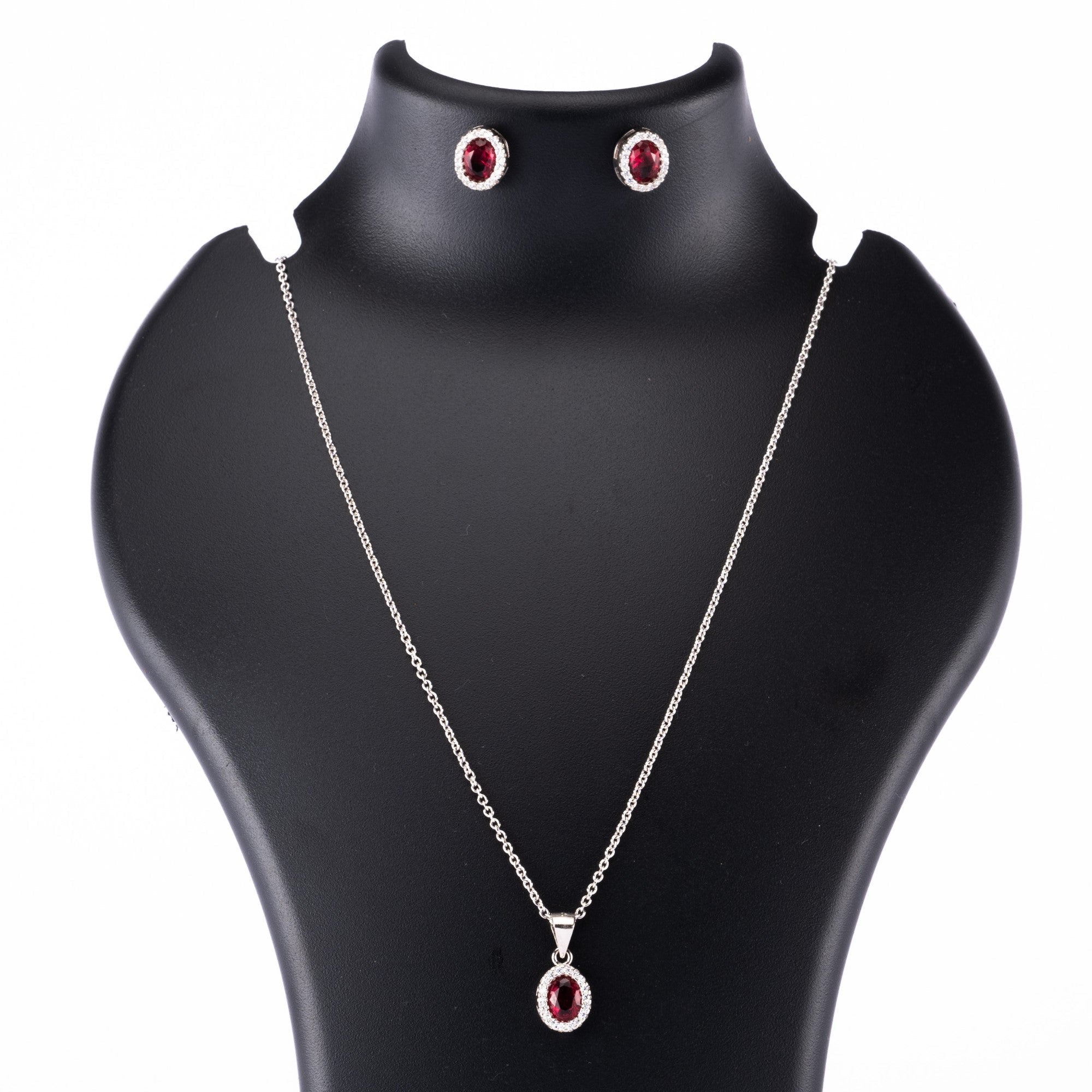 Prinjal Jewellers Silver Set Chain Pendant and Earrings with Red Stones for Women