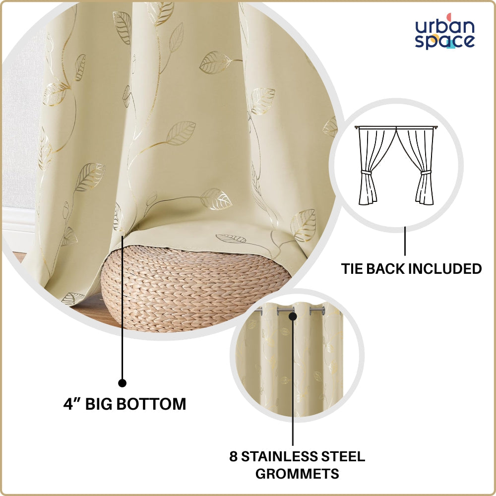 Urban Space -Home Furnishing Store Gold Foil Printed 80-85% Blackout Curtains - Pack of 1 - Leaf- Beige - view 6