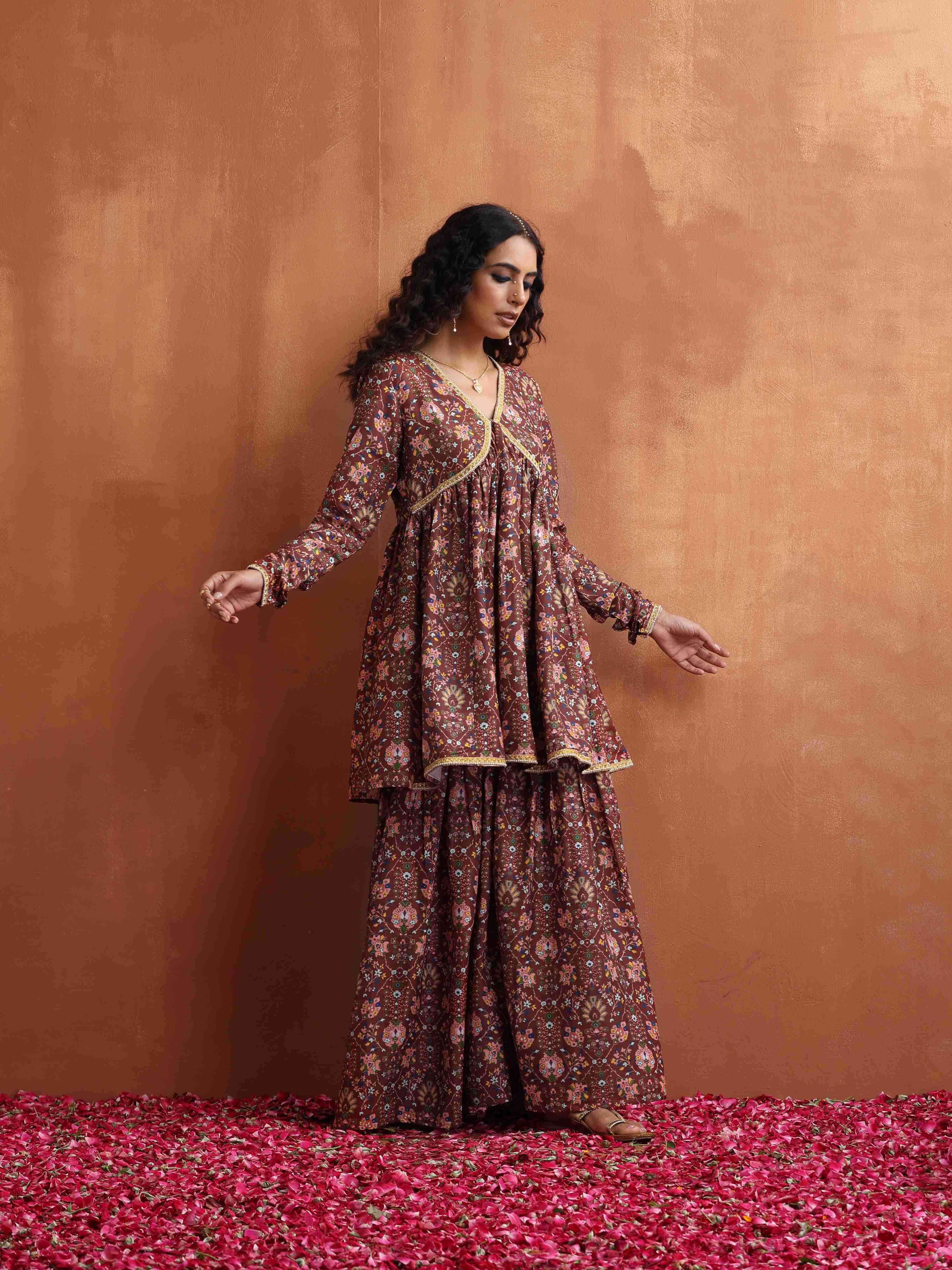 trueBrowns Brown Print Sharara Set - view 2