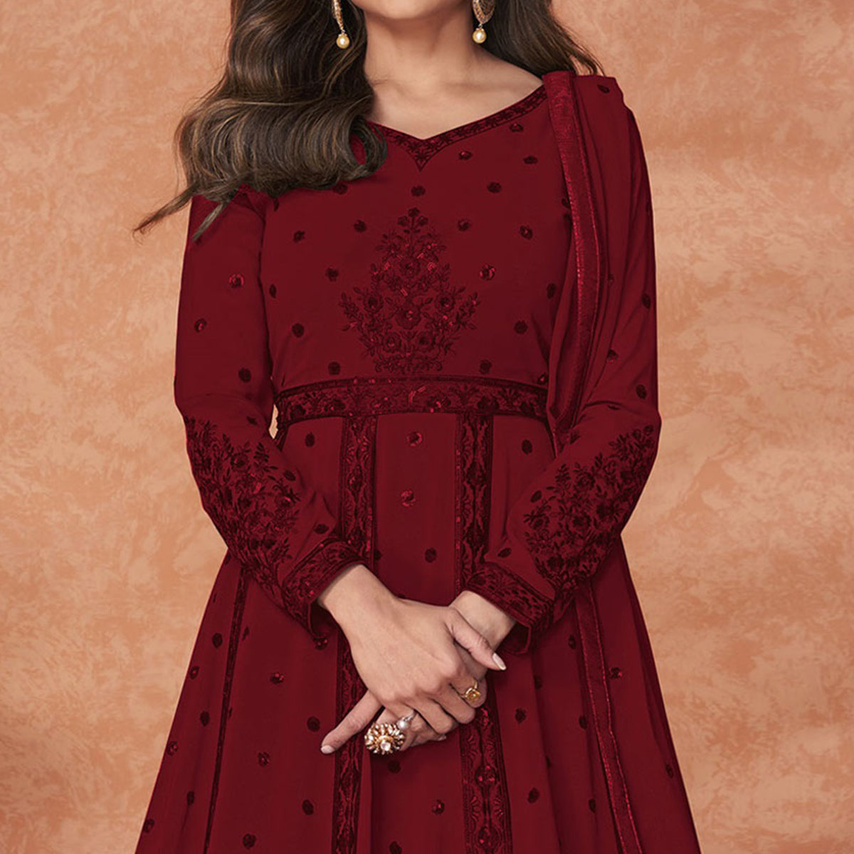 Peachmode Maroon Embroidered Georgette Gown - view 3