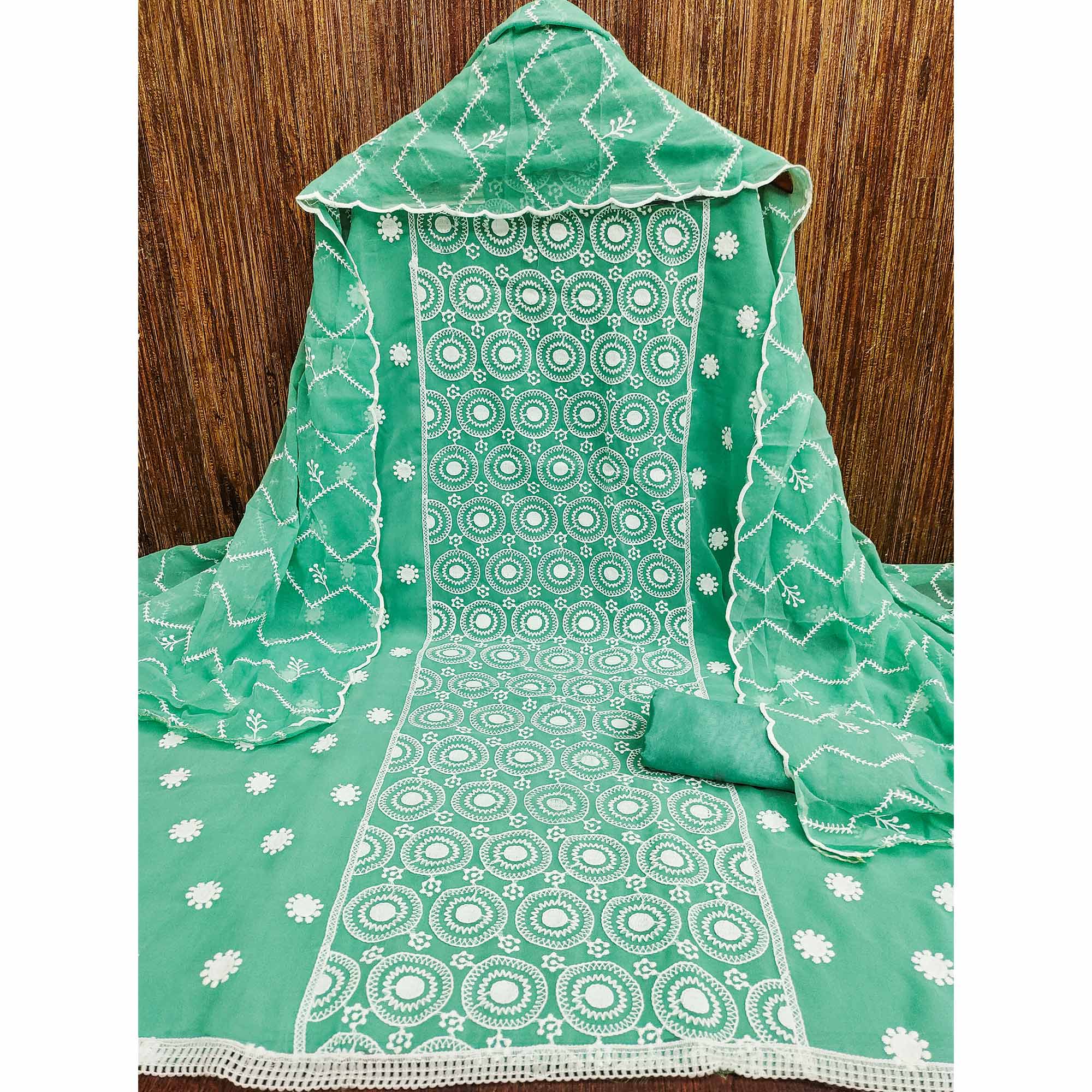 Peachmode Turquoise Embroidered Georgette Dress Material - view 3