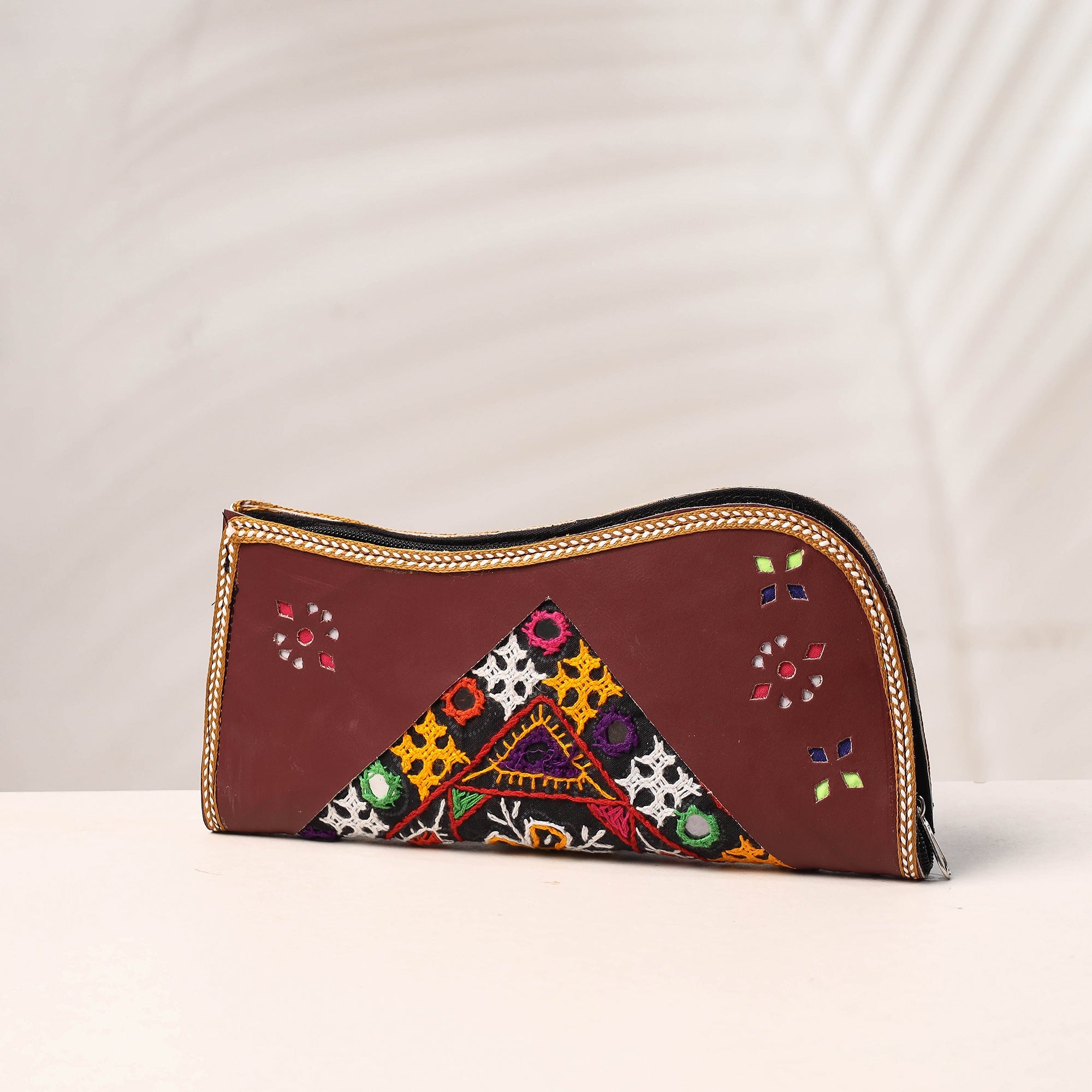 KACHCHH JI CHHAAP Brown - Handcrafted Kutch Embroidery Leather Clutch / Wallet