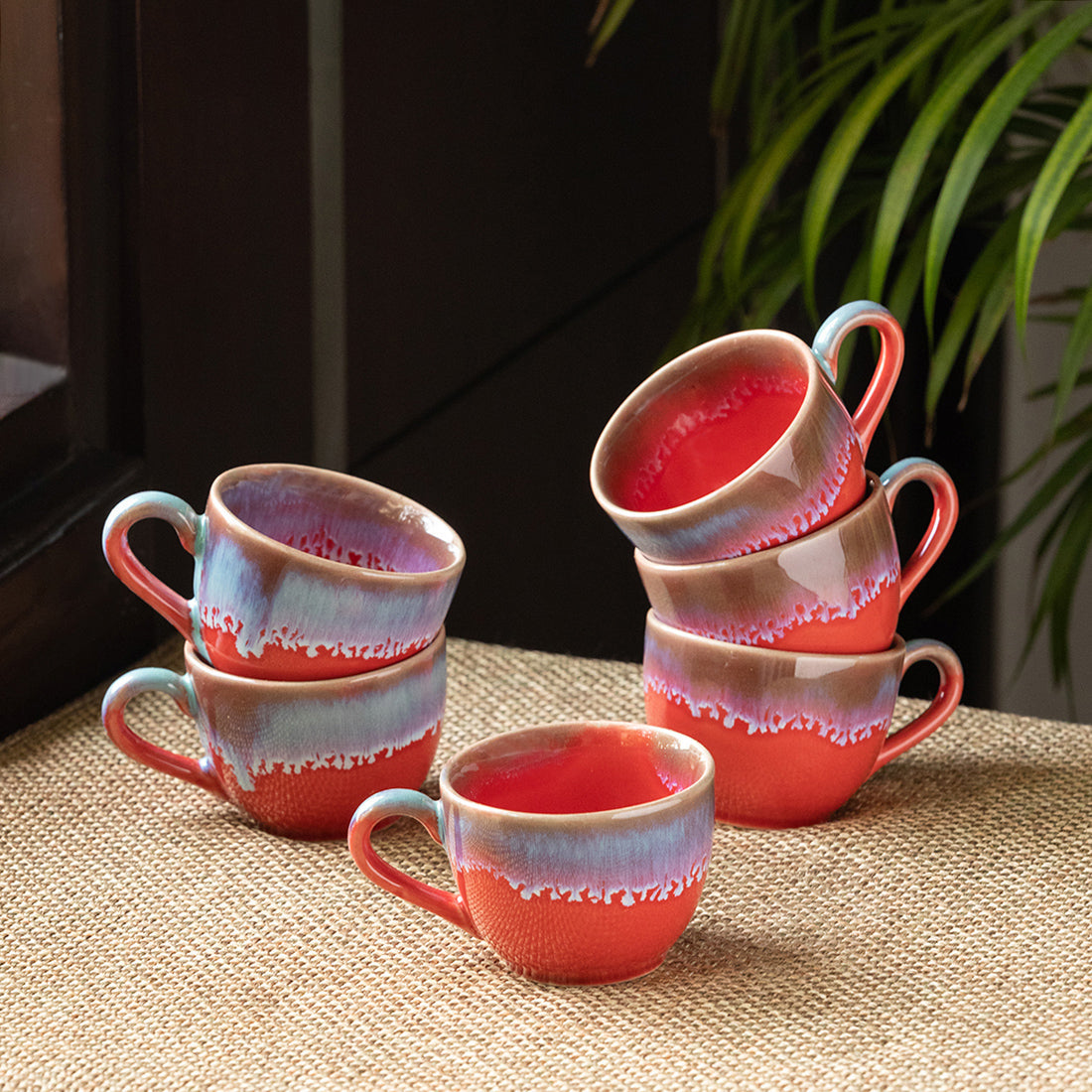 EXCLUSIVELANE 'Coral Reef' Tea Cups In Ceramic (Set Of 6, Hand Glazed Studio Pottery, Red & Cyan Blue)