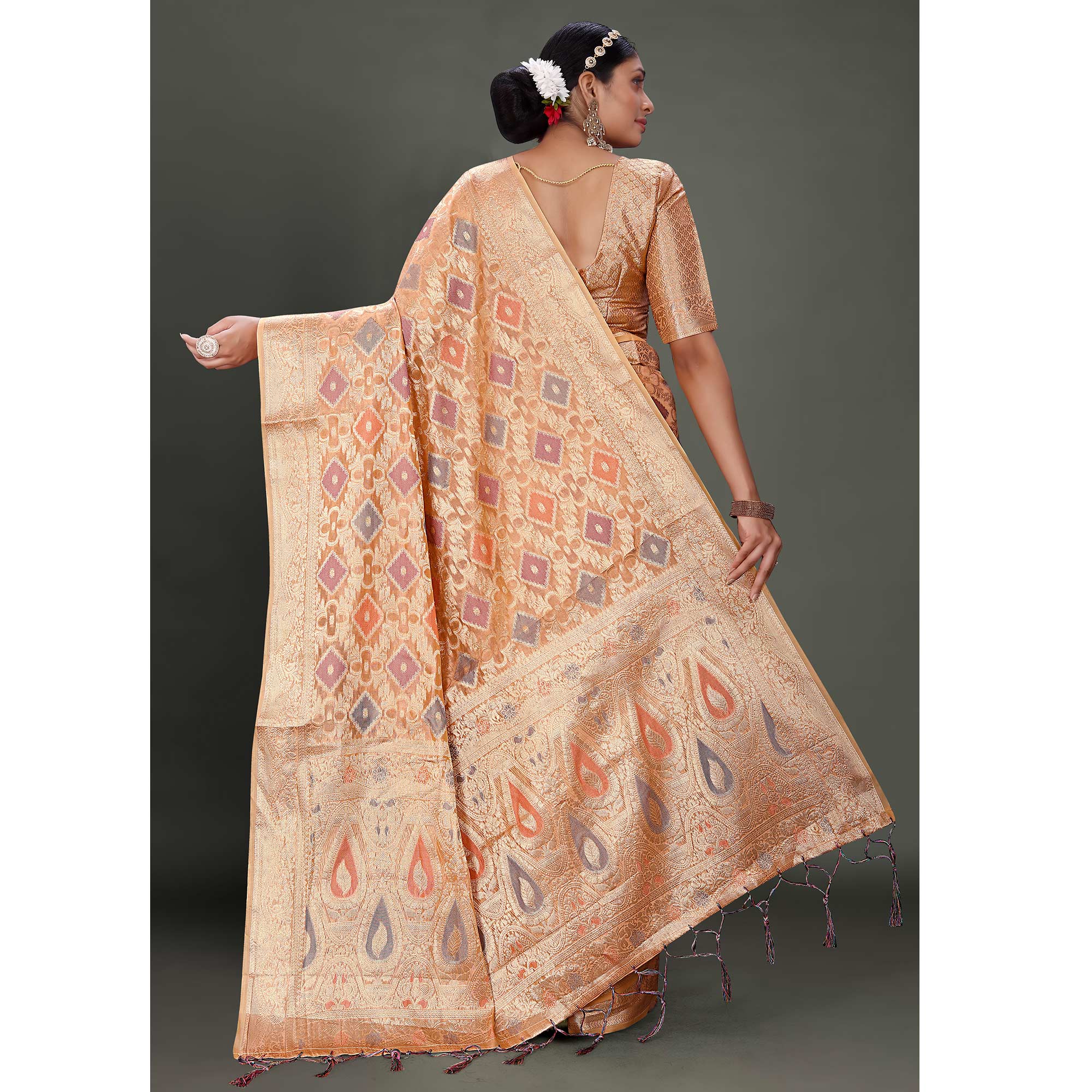 Peachmode Dark Peach Woven Organza Saree With Tassels - view 6