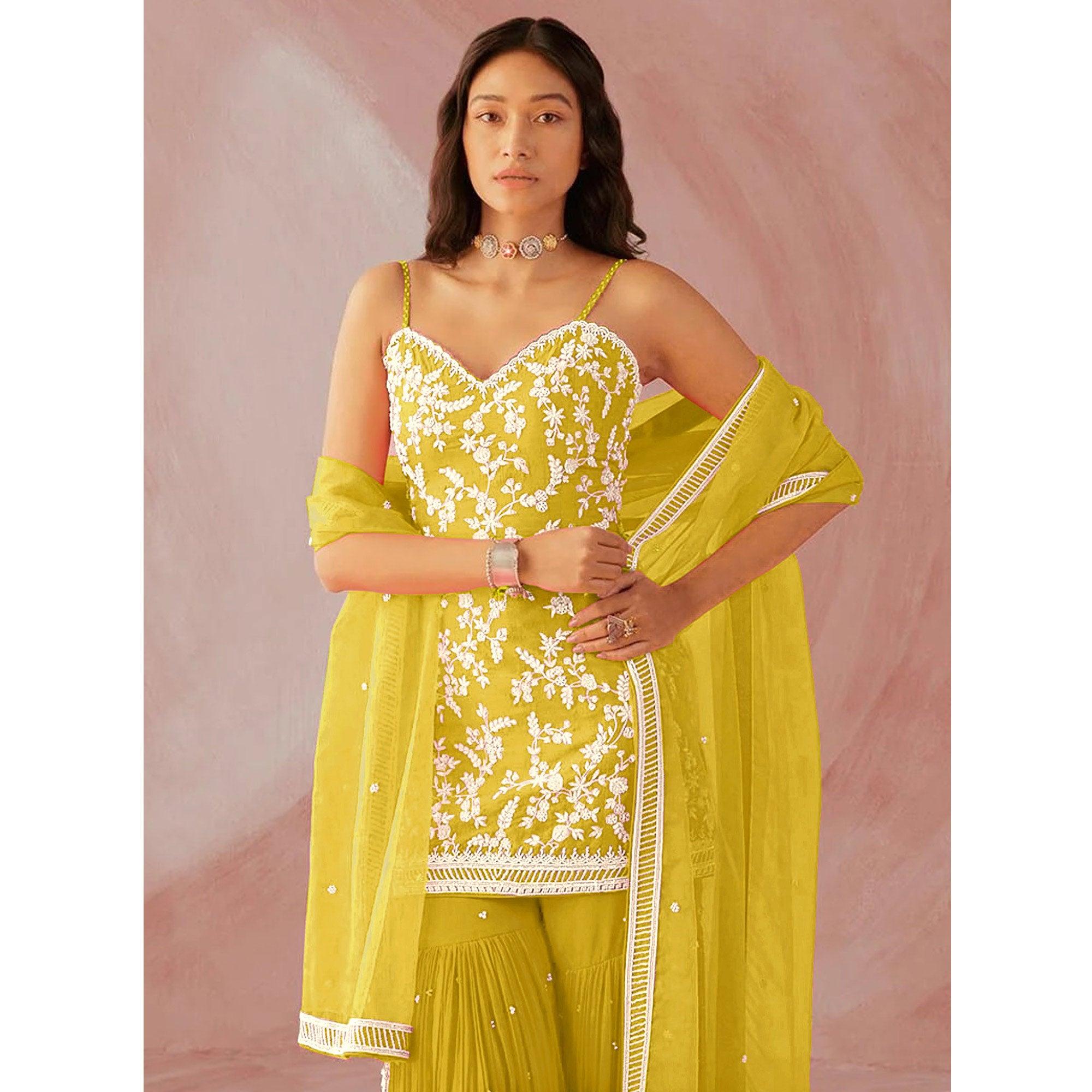 Peachmode Lemon Yellow Floral Sequins Embroidered Georgette Sharara Suit - view 4