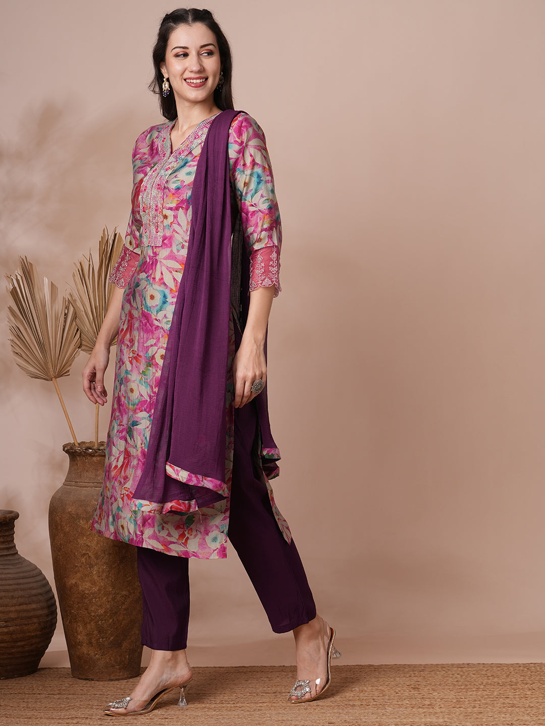FASHOR Floral Printed & Embroidered Straight Fit Kurta with Pant and Dupatta - Pink - view 4
