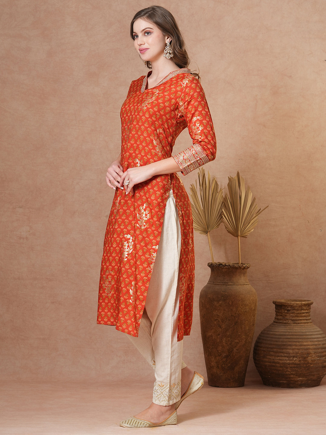 FASHOR Ethnic Floral Foil Printed & Embroidered Straight Fit Kurta - Brown - view 4