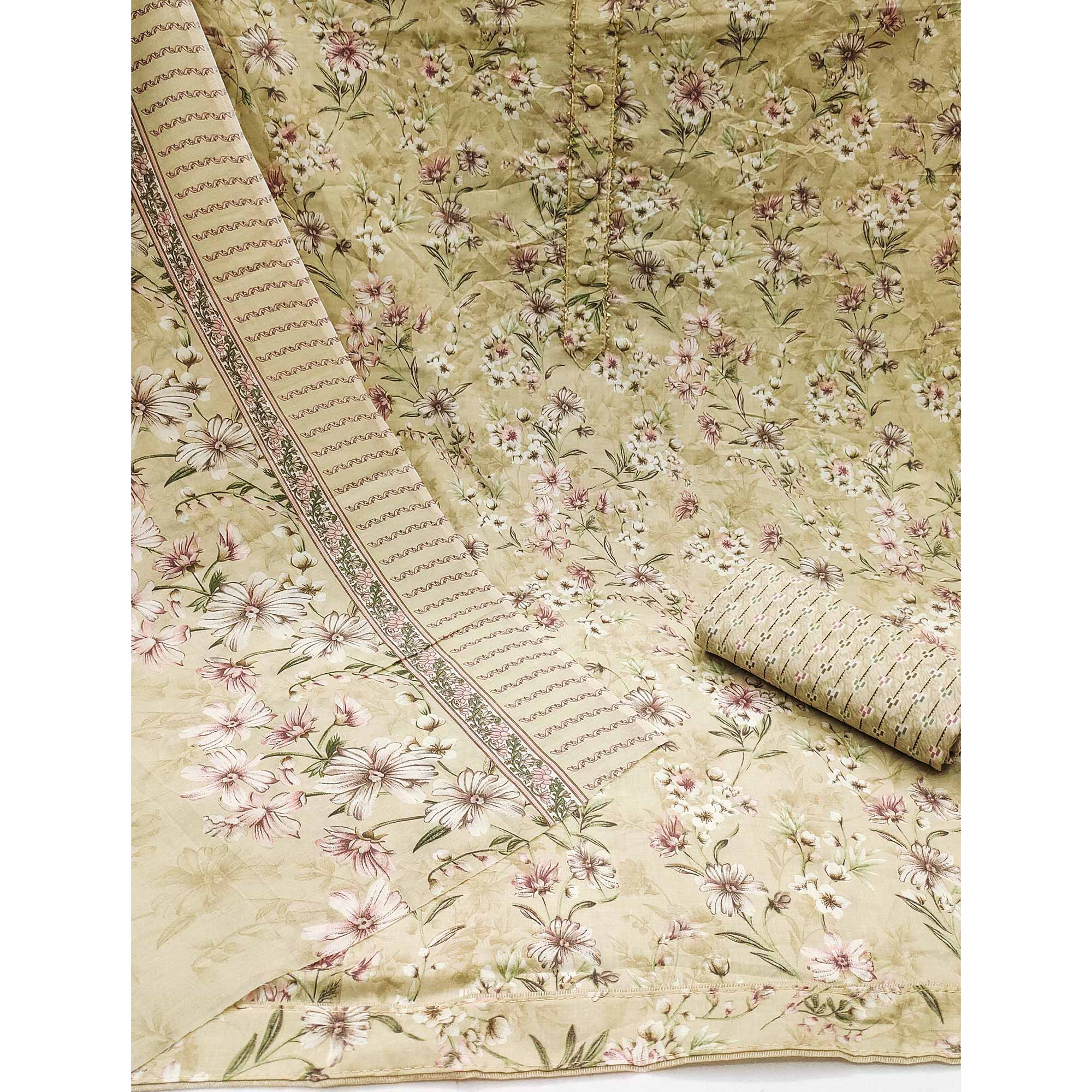 Peachmode Light Yellow Floral Printed Cotton Blend Dress Material - view 3