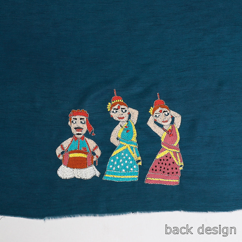ITOKRI CRAFTS INITIATIVE Blue - Bengal Kantha Embroidered Raw Silk Blouse Piece - view 3