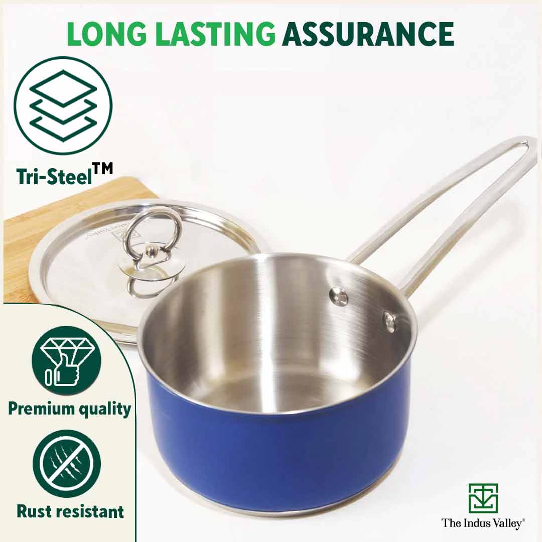 The Indus Valley Tri-Steel Premium Stainless Steel Saucepan/ Milk/ Tea Pan, Tri-ply (3 Layer) Induction Bottom, Steel Lid, 1.4L, Blue - view 10