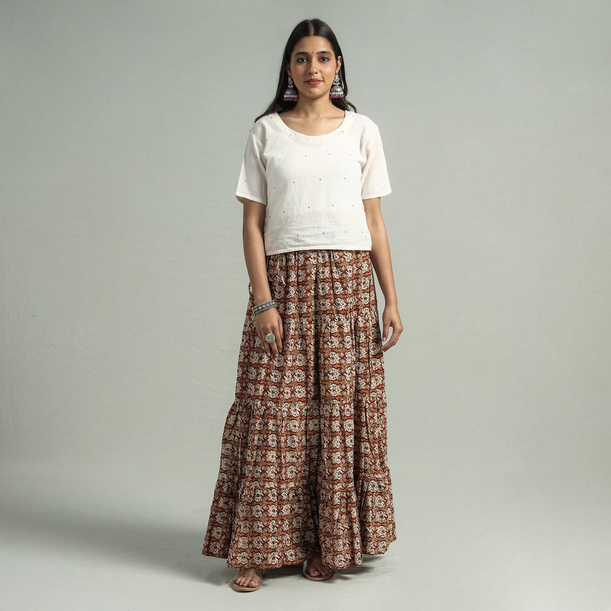 NOORI BAZAR Brown - Sanganeri Block Printed Tiered Cotton Long Skirt