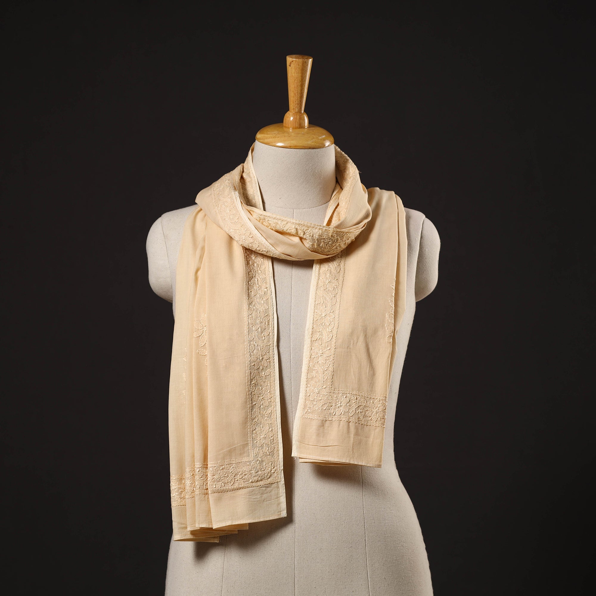 MEHARKI CHIKAN Beige - Hand Embroidered Lucknow Chikankari Cotton Stole 10