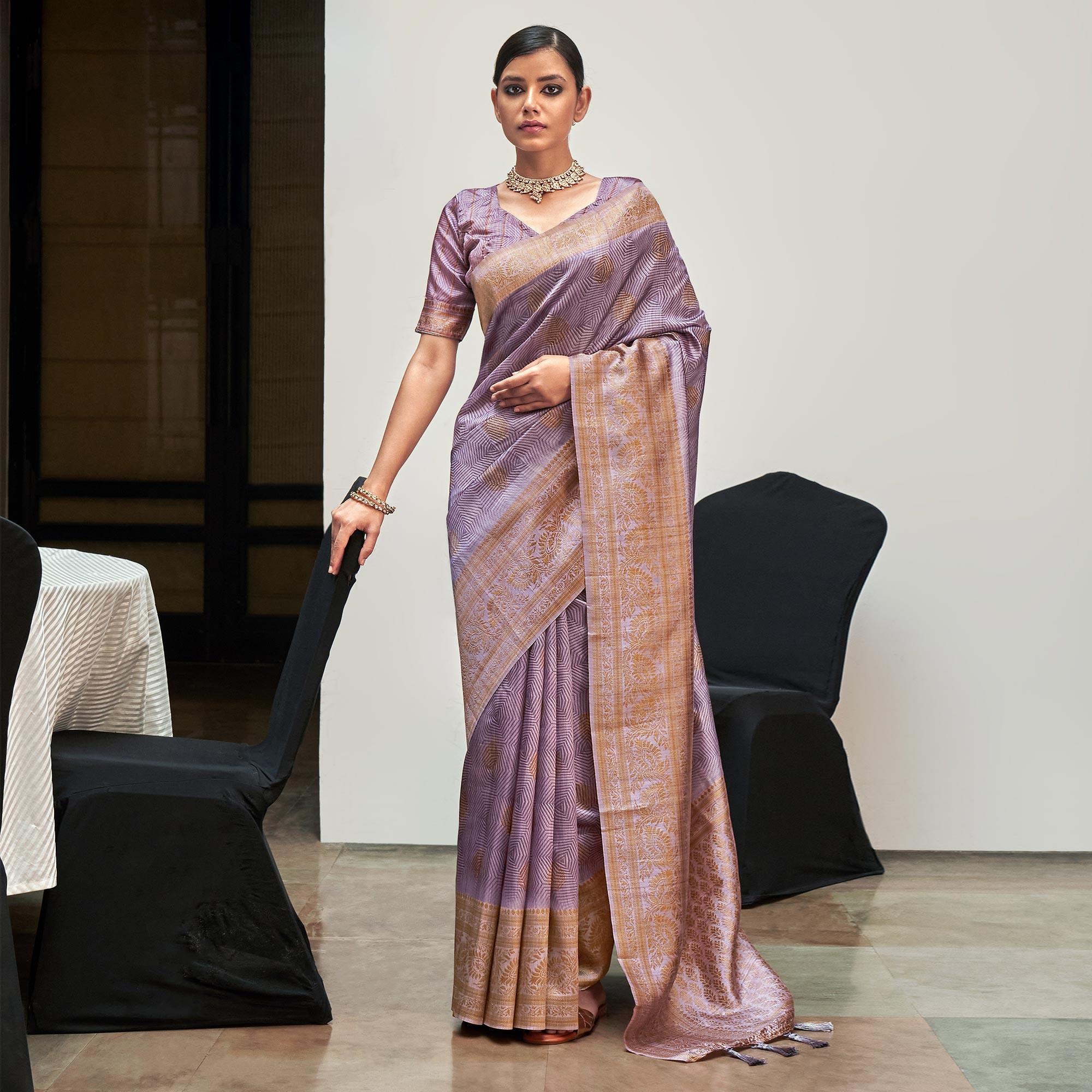 Peachmode Light Lavender Digital Printed With Woven Border Art Silk Saree