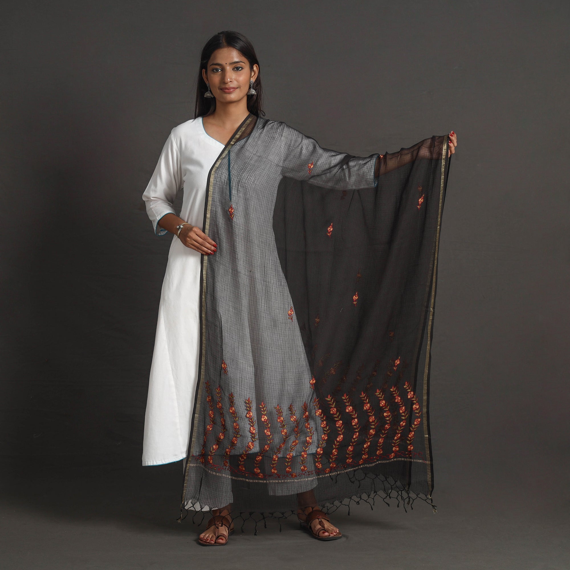 ITOKRI CRAFTS INITIATIVE Black - Kota Doria Silk Cotton Kashida Embroidery Dupatta 53