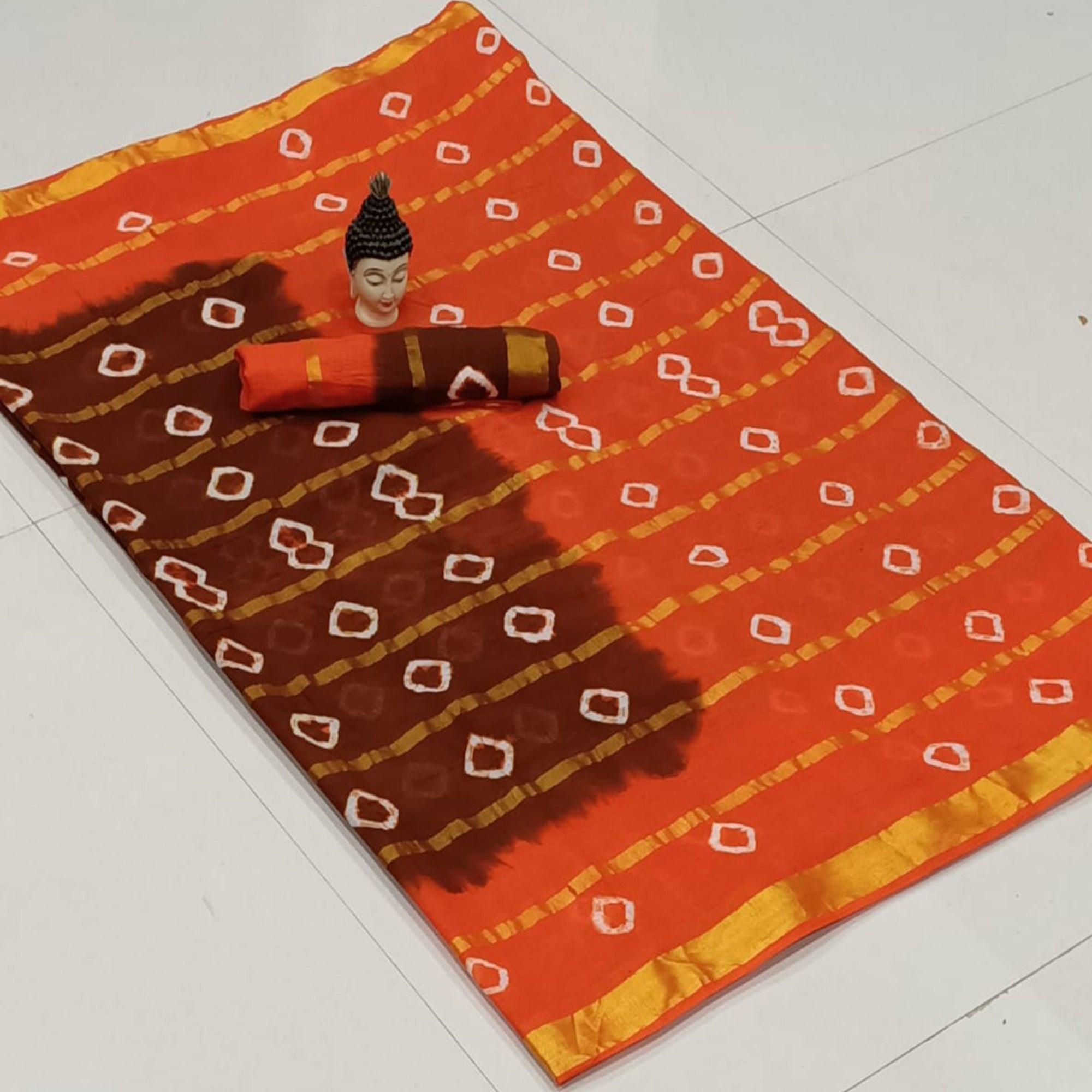 Peachmode Flirty Maroon-Orange Colored Casual Wear Bandhani Print Cotton Saree