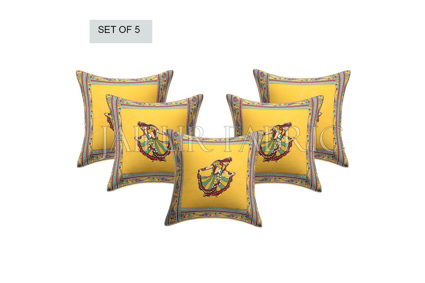 Patchwork applique cushion – JaipurFabric® New Mustard Gujri Dance Design Patchwork & Applique Cushion Cover