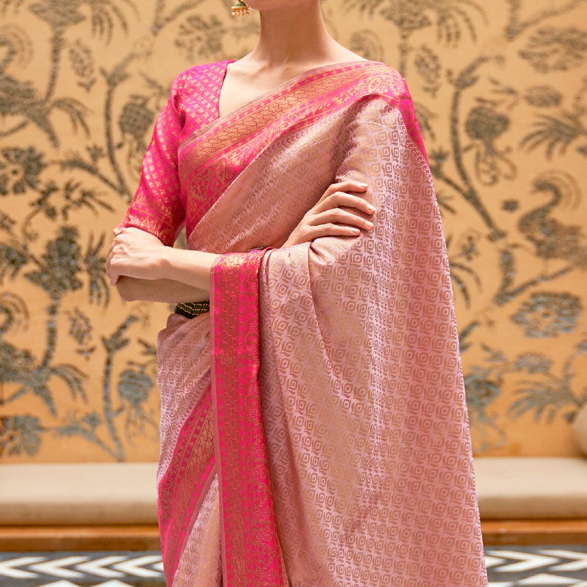 Peachmode Light Pink Partywear Zari Woven Pure Silk Saree - view 2