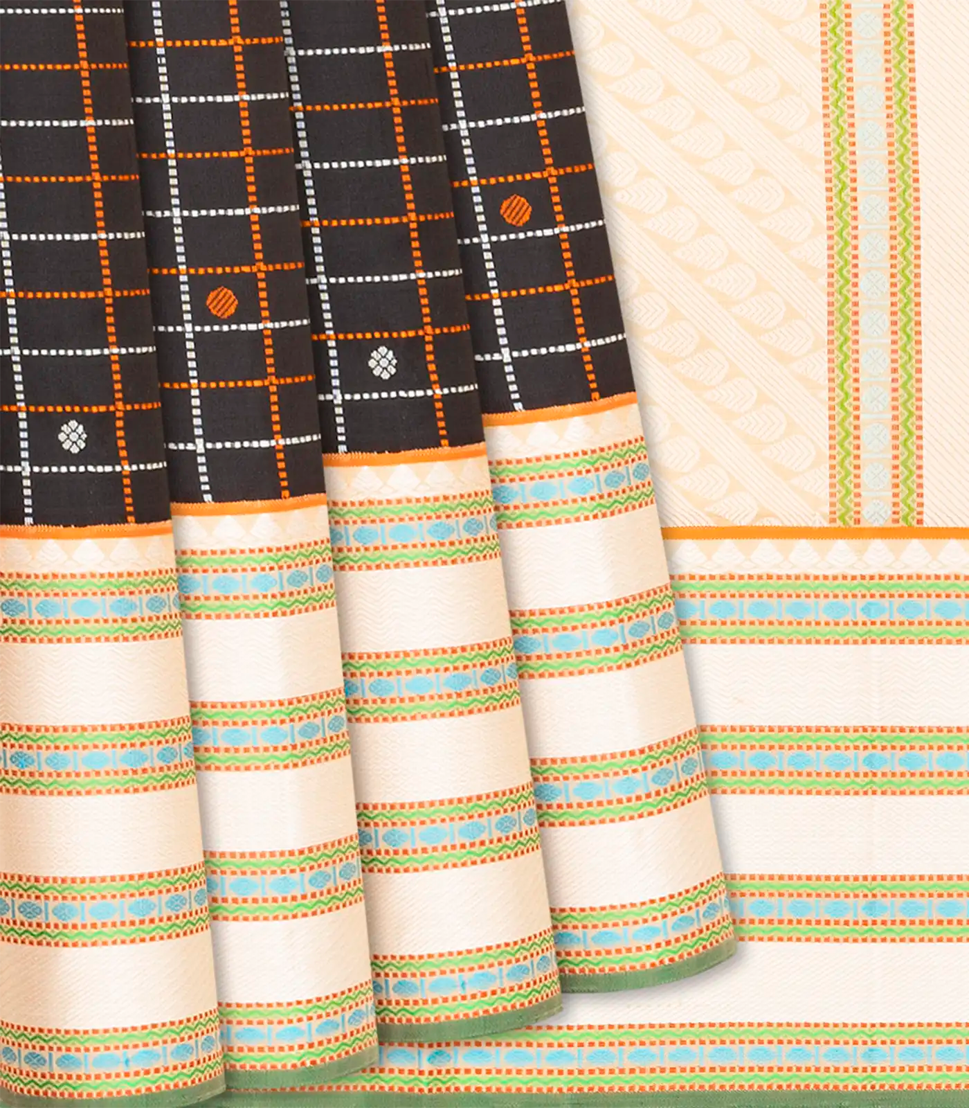 RmKV Black Handloom Kanchipuram Korvai Silk Saree With Checks & Buttas-Black