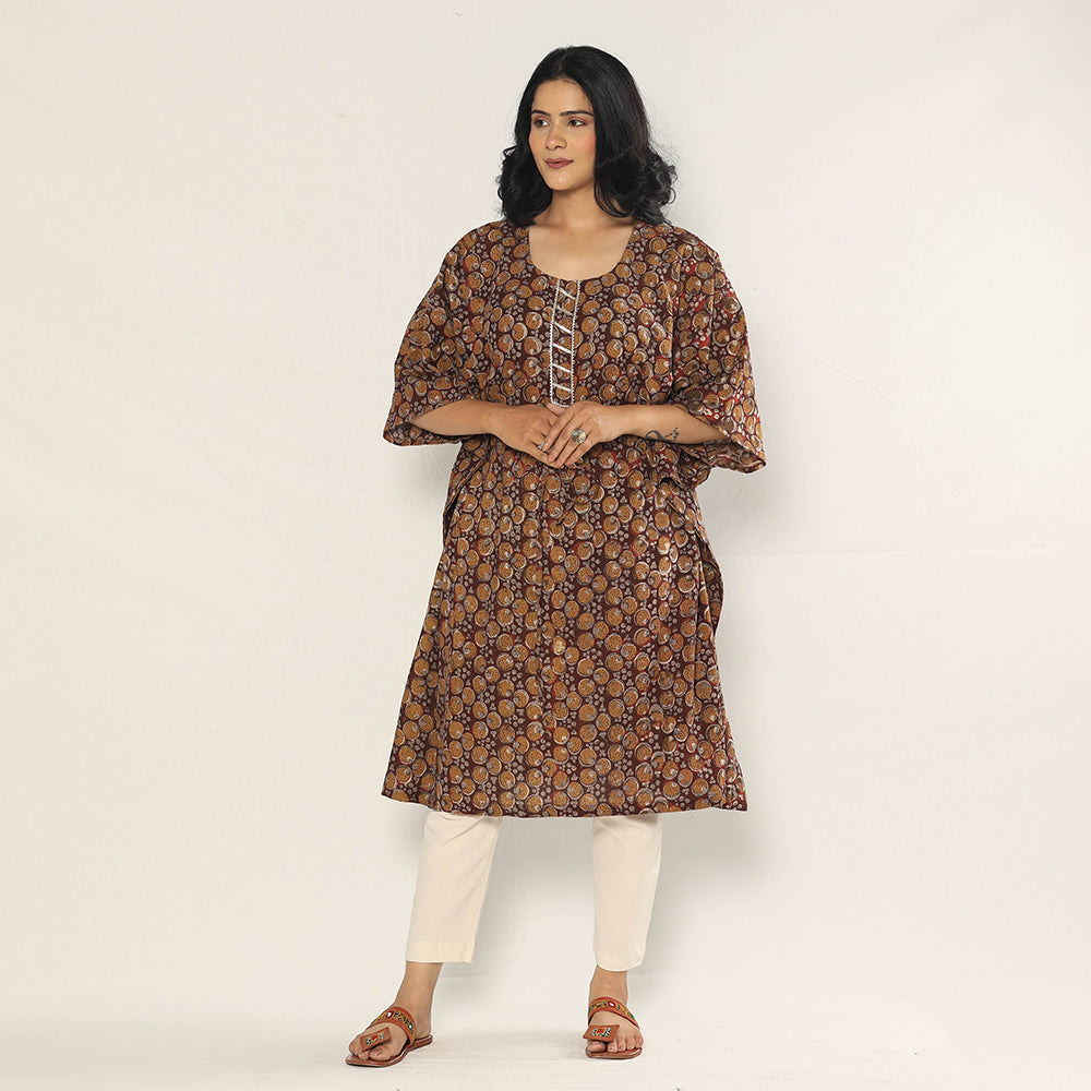 ITOKRI CASUALS Brown - Bagru Dabu Block Printing Cotton Kaftan Dress (Medium)