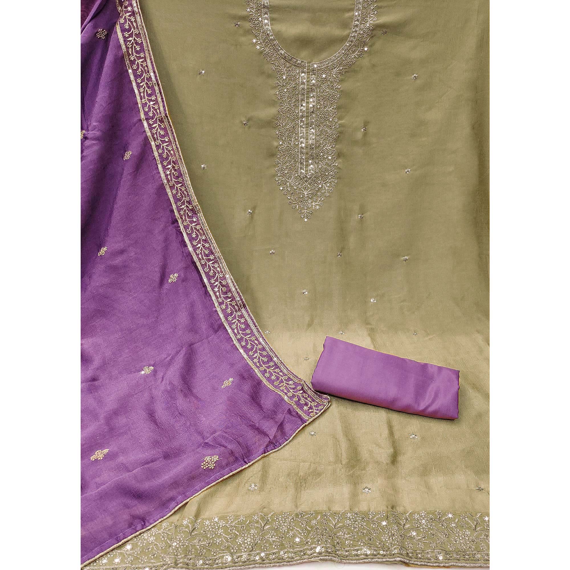 Peachmode Beige Floral Sequins Embroidered Vichitra Silk Dress Material - view 3