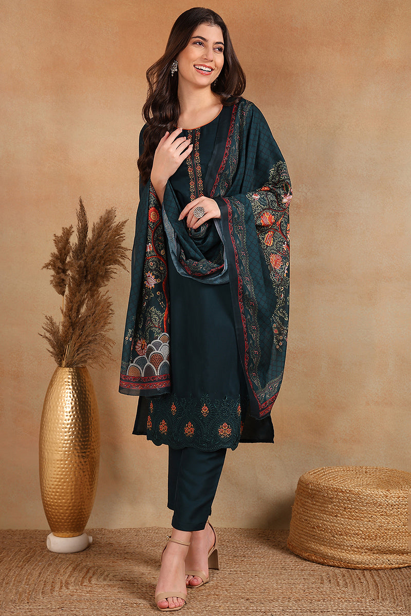 Ahika Silk Blend Green Embroidered Straight Kurta Pant With Dupatta VKSKD1933
