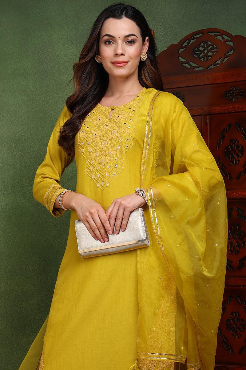 Ahika Mustard Yellow Silk Blend Solid Yoke Design Straight Suit Set PKSKD2501YLW