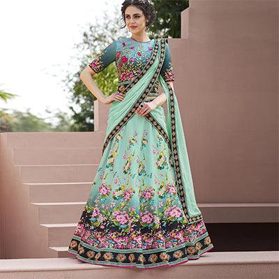 Peachmode Eye-Catching Mint Green Colored Designer Partywear Embroidered Silk Lehenga Choli - view 3