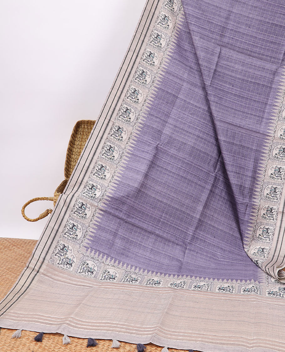 Pothys Purple checked semi-banaras tussar saree with contrast jacquard border & striped pallu