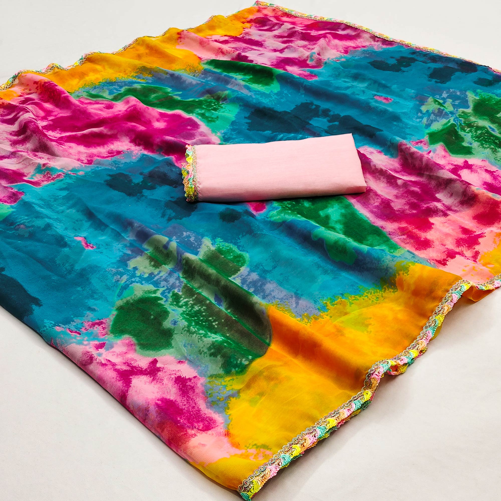 Peachmode Multicolor Abstract Printed Georgette Saree