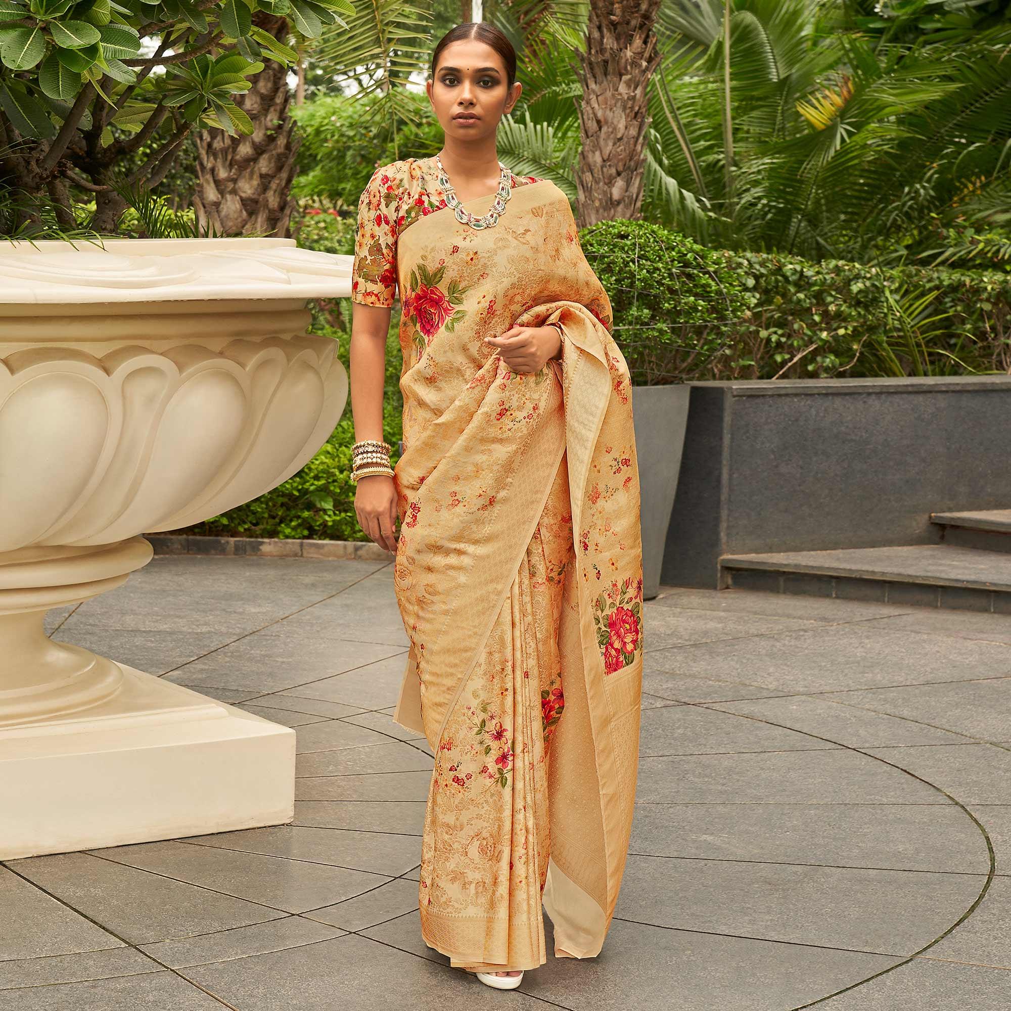 Peachmode Light Orange Partywear Digital Printed Silk Saree