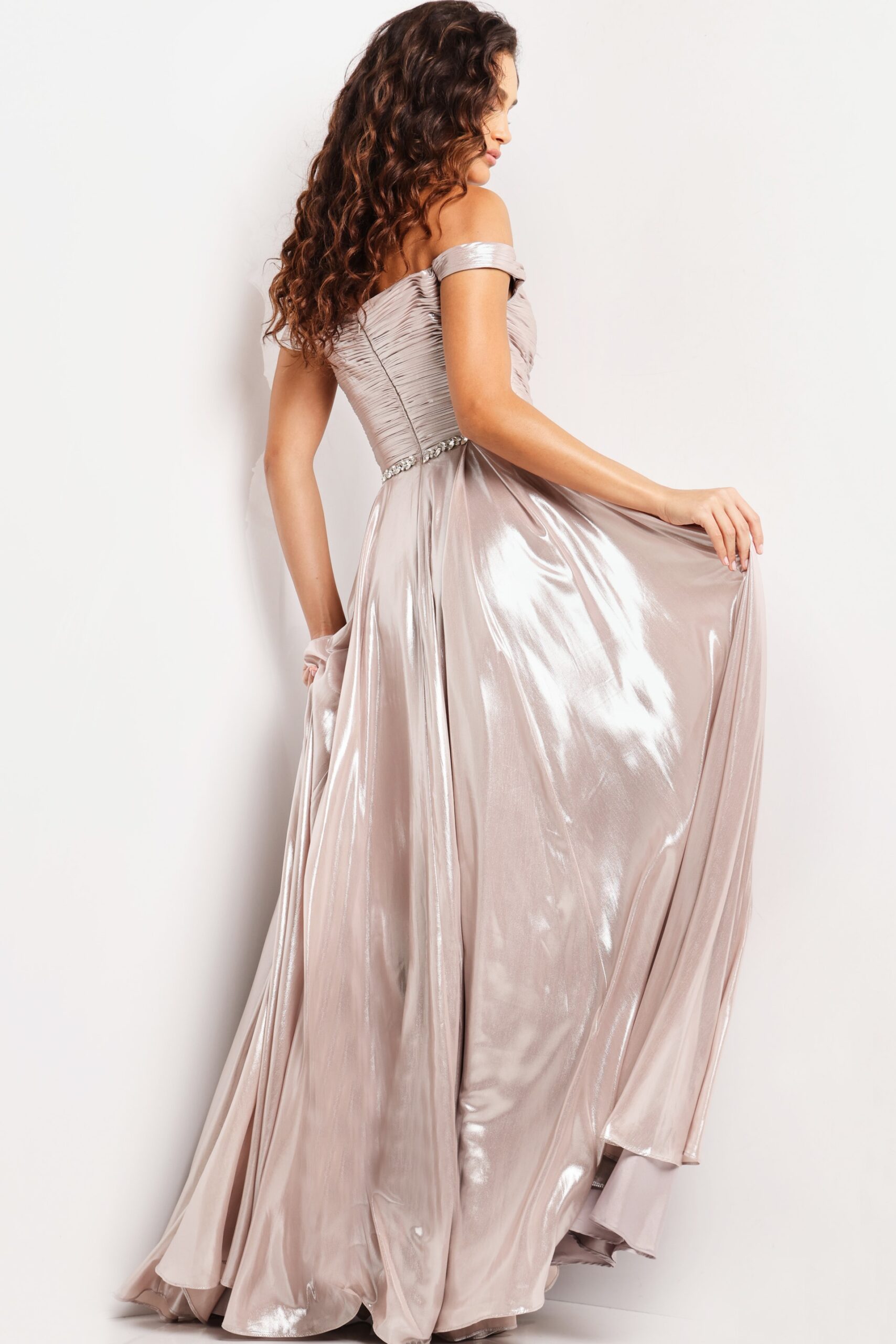 Metallic Off Shoulder A-line Slit Gown by Jovani 37381 - view 2