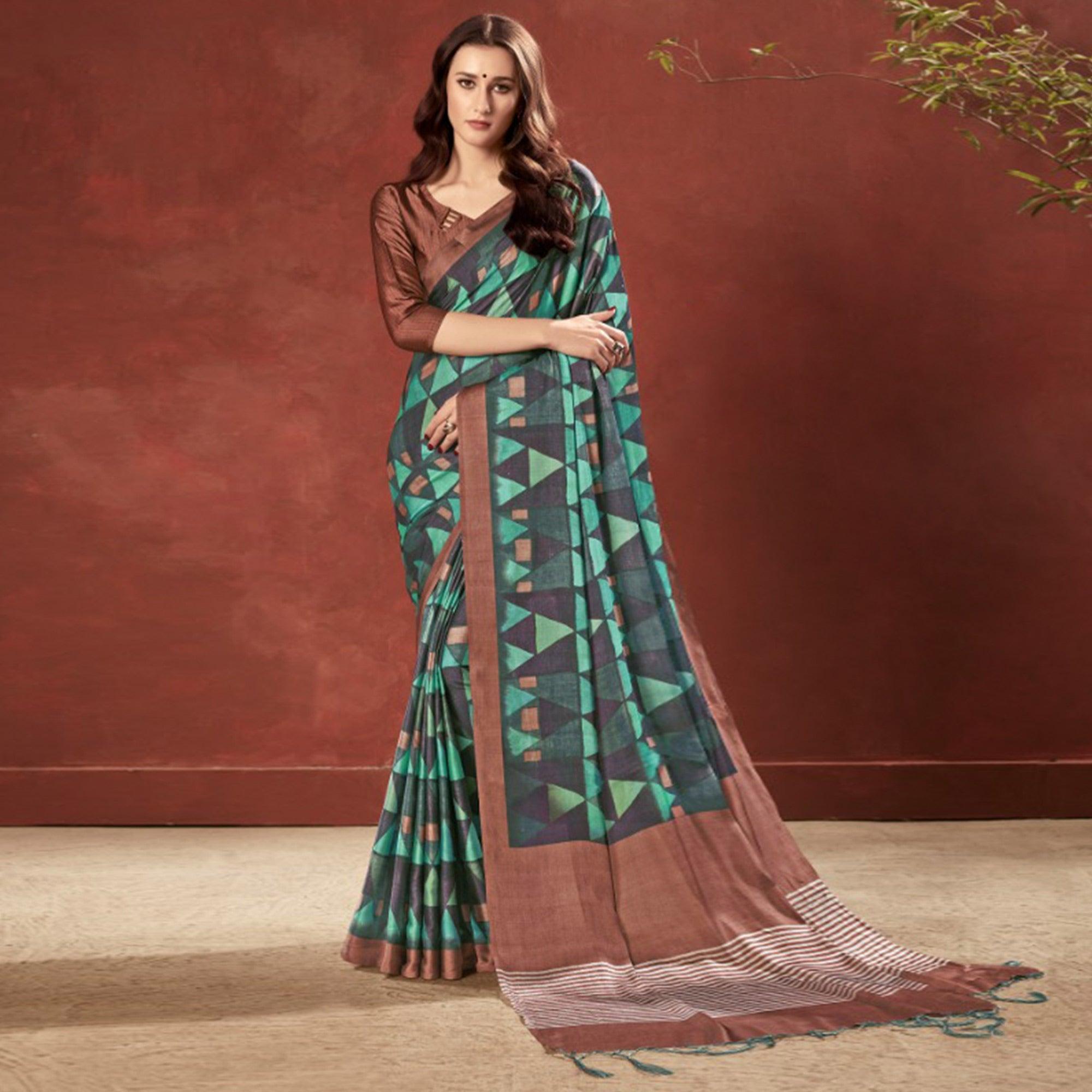 Peachmode Imposing Multi Colored Casual Wear Printed Satin Crepe Saree With Tassels