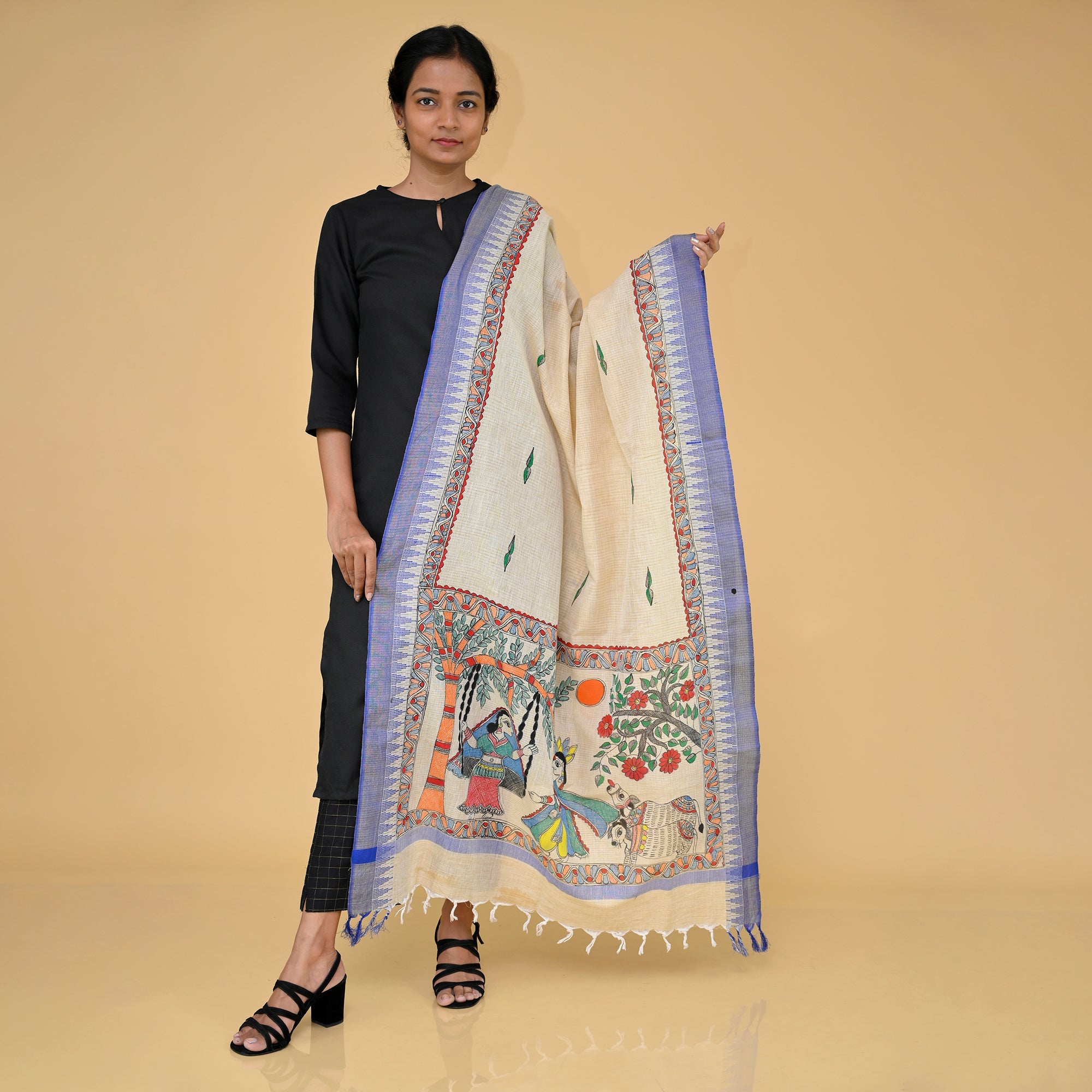 DIORAMA DESIGNS Beige - Handpainted Radhakrishna Madhubani Cotton Dupatta