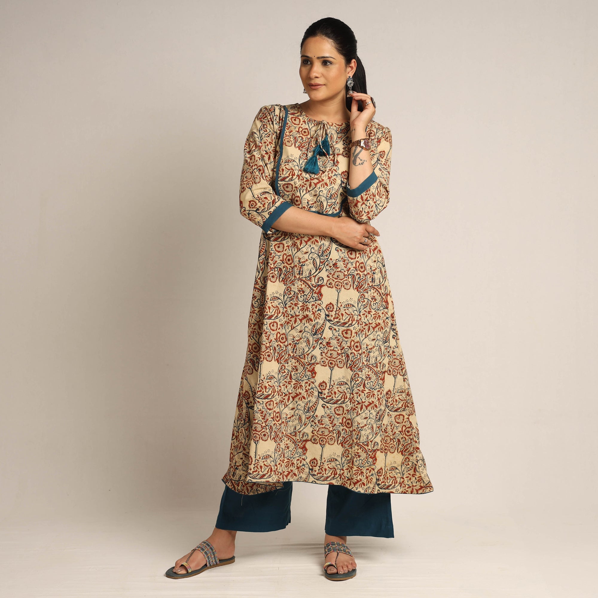 ITOKRI CASUALS Beige - Pedana Kalamkari Block Printed Cotton Kurta with Palazzo Set