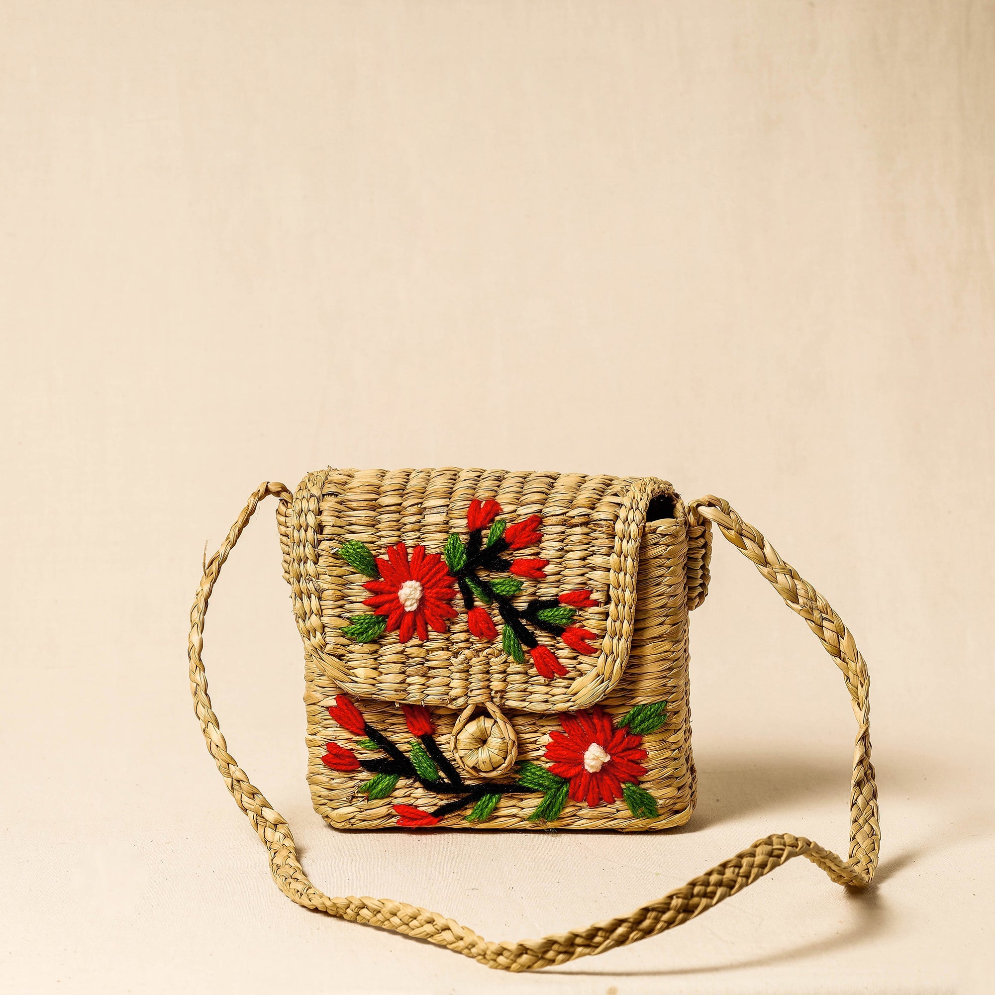 ITOKRI CRAFTS INITIATIVE Beige - Handcrafted Natural Water Reed Embroidered Sling Bag