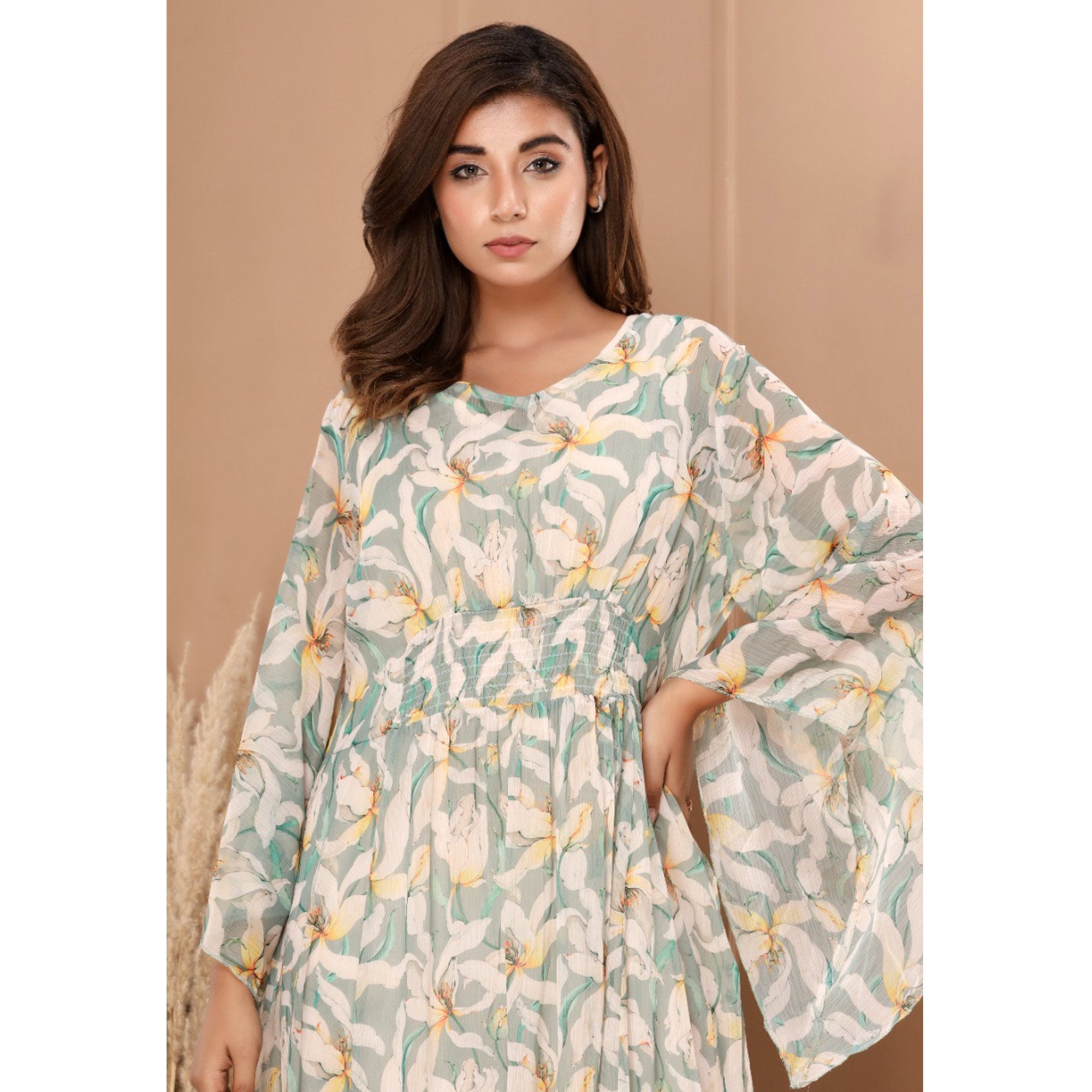 BlackTree green-floral-printed-chiffon-dress - view 5