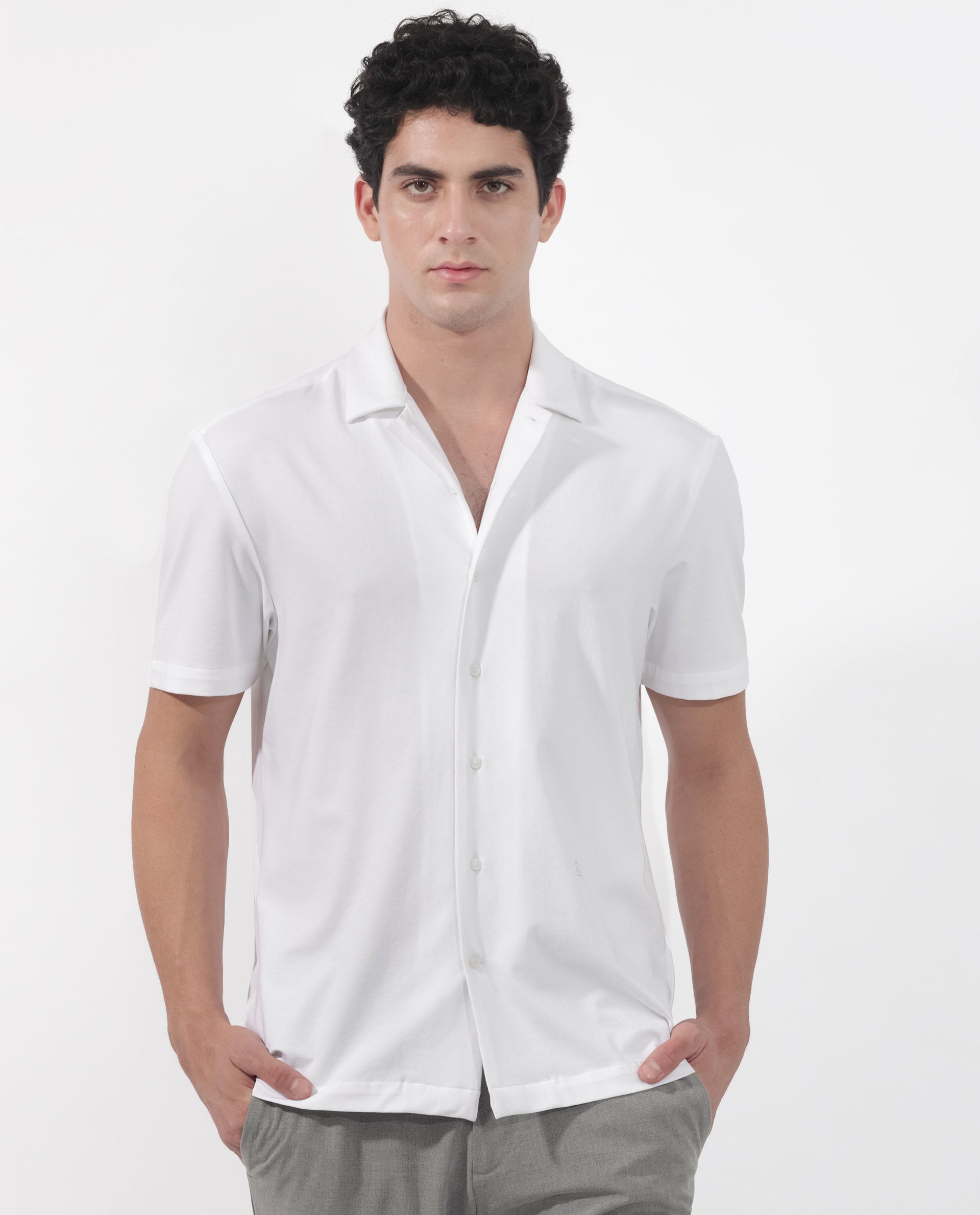 ARTICALE Rare Rabbit Men's Nick Off-White Cotton Lycra Fabric Cuban Collar Half Sleeves Solid Shirt - view 8