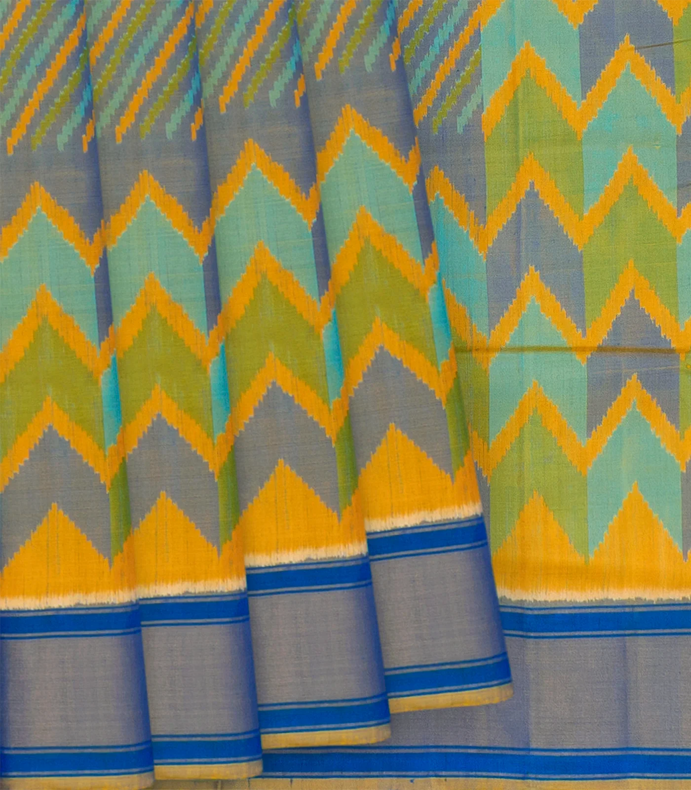 RmKV Mango Yellow Handloom Ikat Silk Saree With Stripes & Chevron Motifs-Mango Yellow
