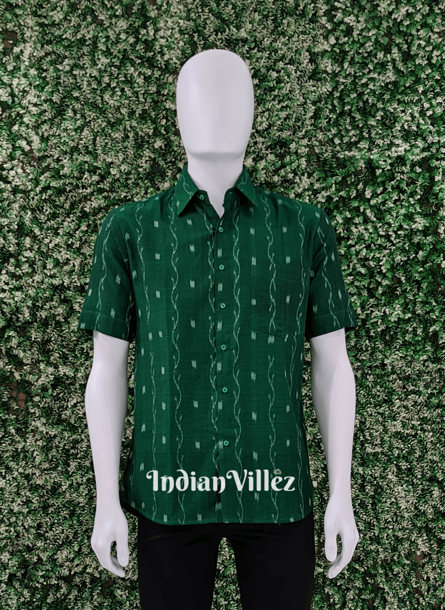 IndianVillèz Green with White Tippa Design Cotton Ikat Half Shirt for Men