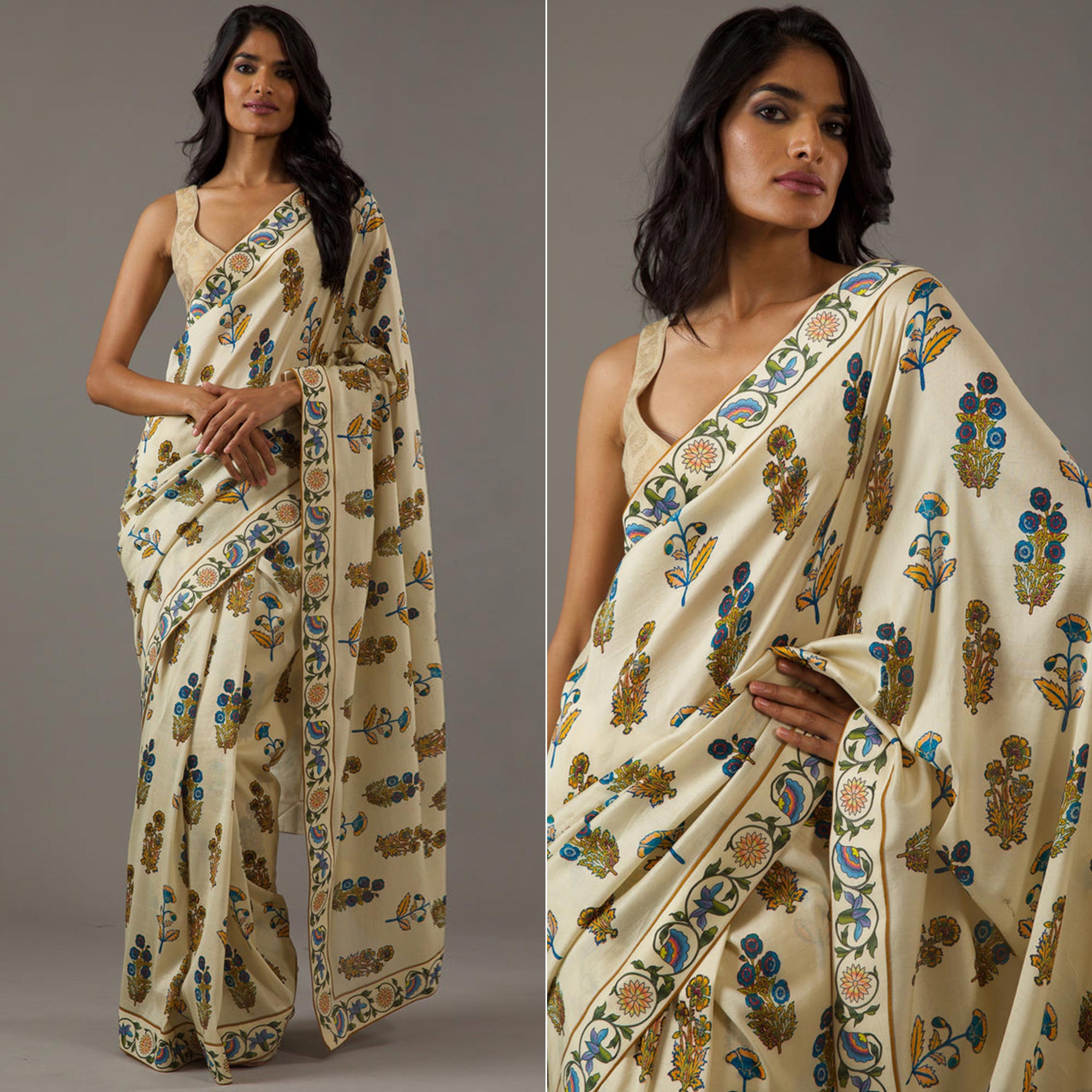 Peachmode Cream Floral Printed Chiffon Saree – Women's