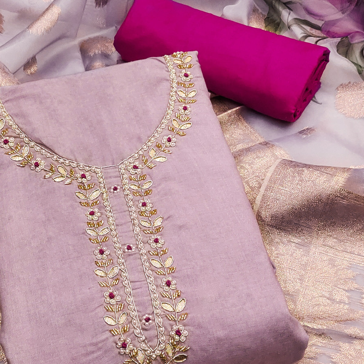 Peachmode Light lavender Floral Digital Printed With Handwork Pure Cotton Dress Material - view 2