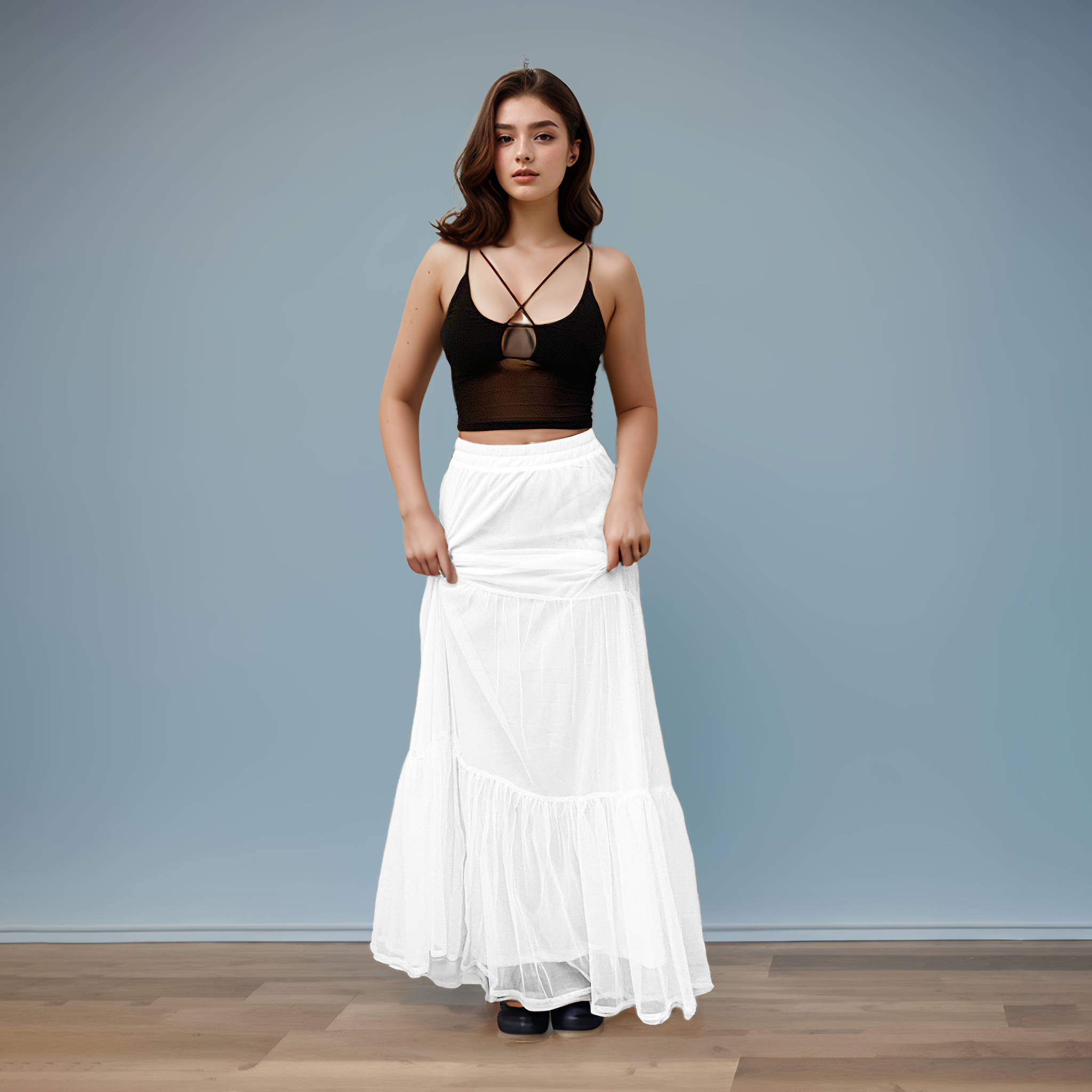 Mesh top white – I Z F Black Mesh Top & White Mesh Maxi Skirt